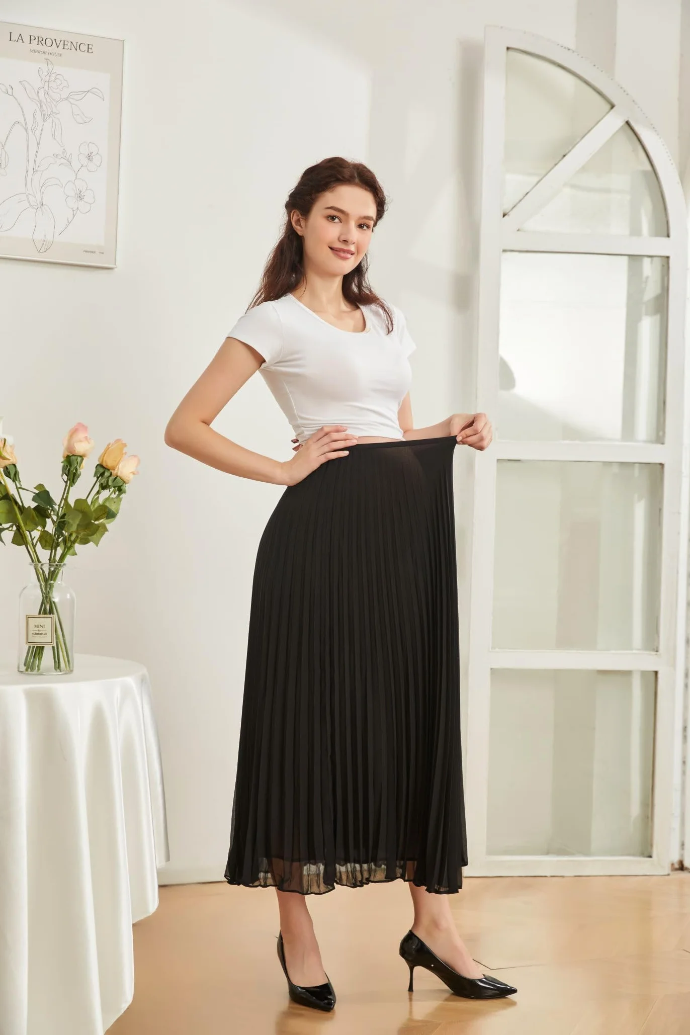 Jupe de Maternité Plissée Taille Haute Femme Grossesse au-Dessus Ventre