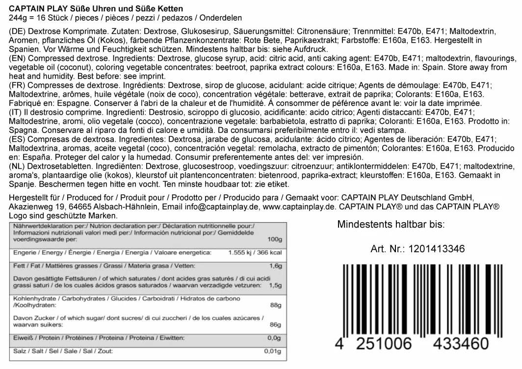 CAPTAIN PLAY Bonus Box Bonbonnière Colliers Dextrose et Montres Dextrose, 16 pieces en emballage individuel, 244g