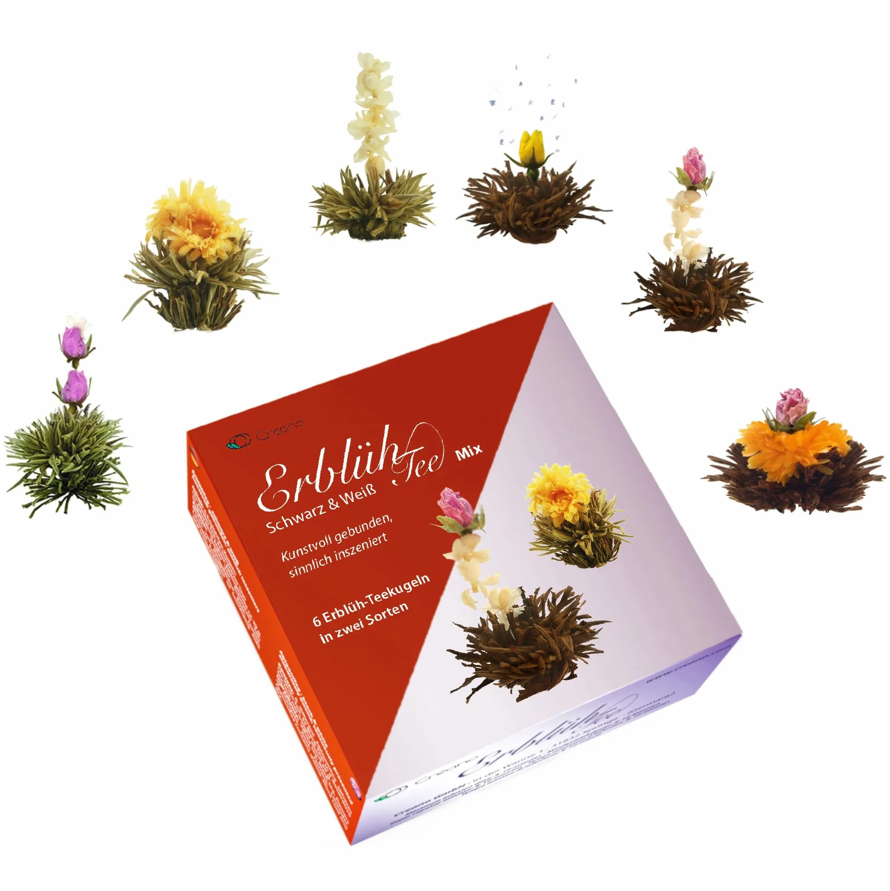 Creano Coffret Cadeau Fleurs de Thé Mix 6 pcs – Théière en Verre 500ml sans goutte – 3x Thé Noir & 3x Thé Blanc – Idée Cadeau Femme, Maman, Anniversaire