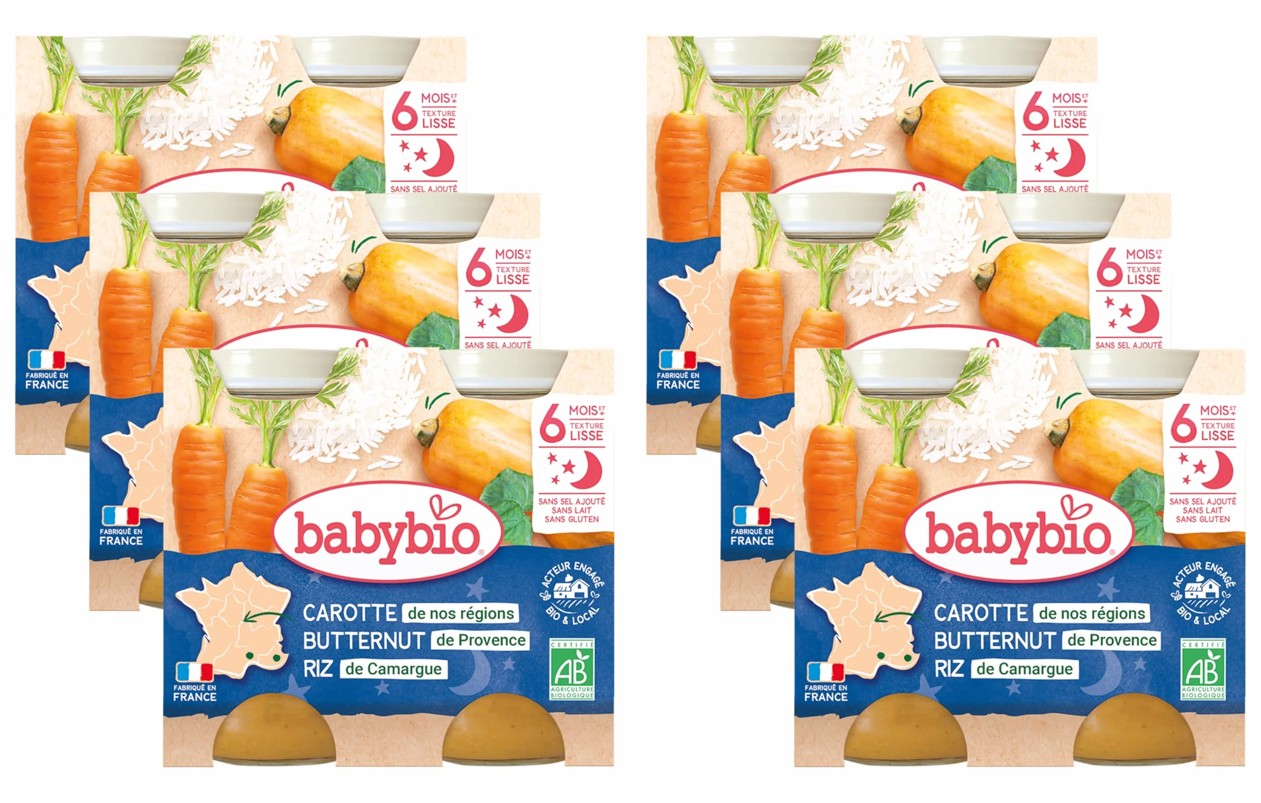 Babybio - Bonne Nuit - Petits Pots Carotte des Landes Butternut Riz 2x200g - PACK de 6 - 6Mois - BIO