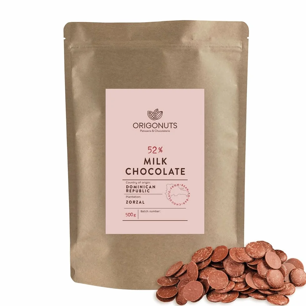 ORIGONUTS, Pepites de Chocolat au Lait à Fondre - Facile à Doser et à Dissoudre - Base pour Gâteau, Creme, Dessertes, Glace, Patisserie - Chocolat de Dubai - Dominicaine 52%, 500g