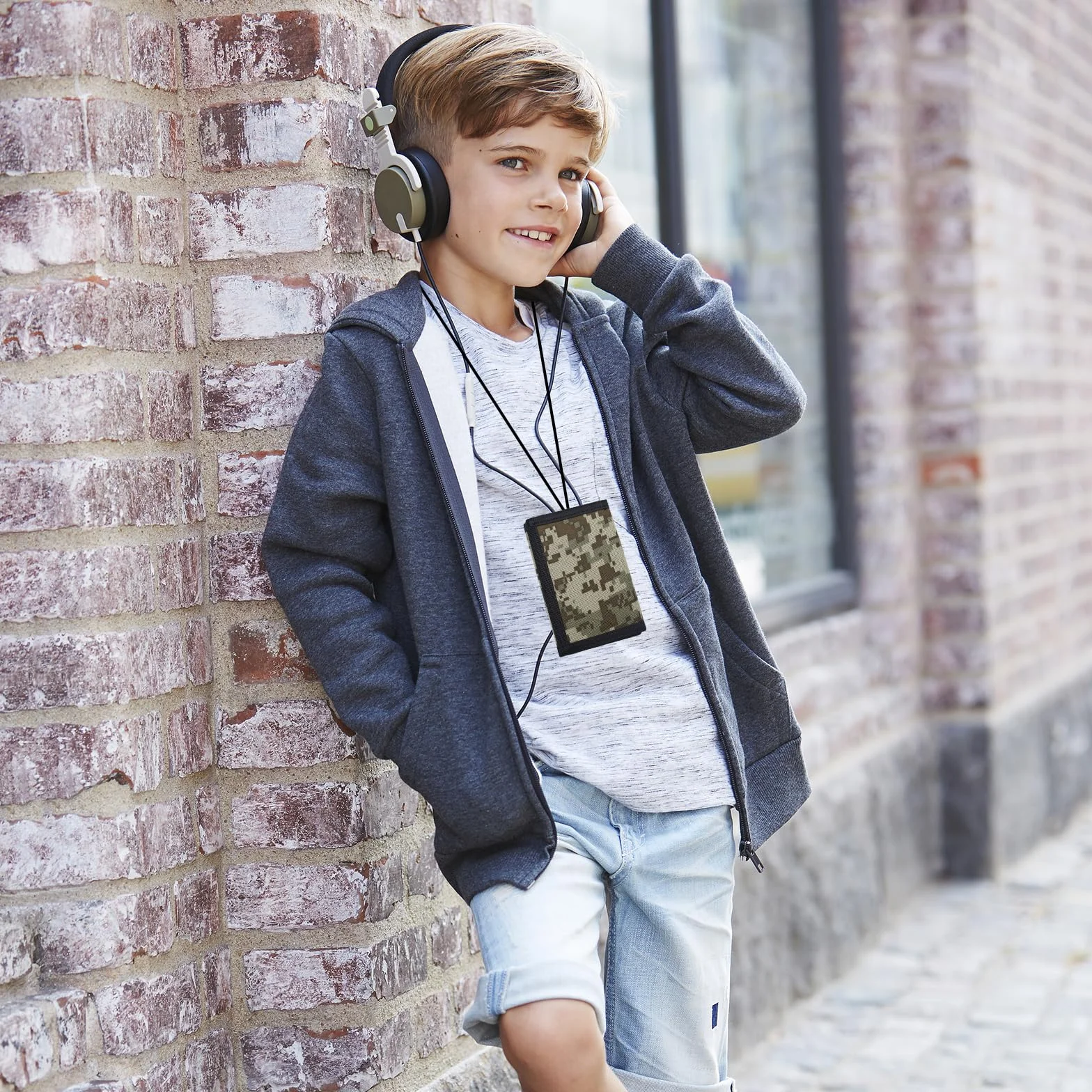 Portefeuille Tri-Pli Camouflage pour Enfant et Adolescent, Polyester, 7 Compartiments, Marron Clair