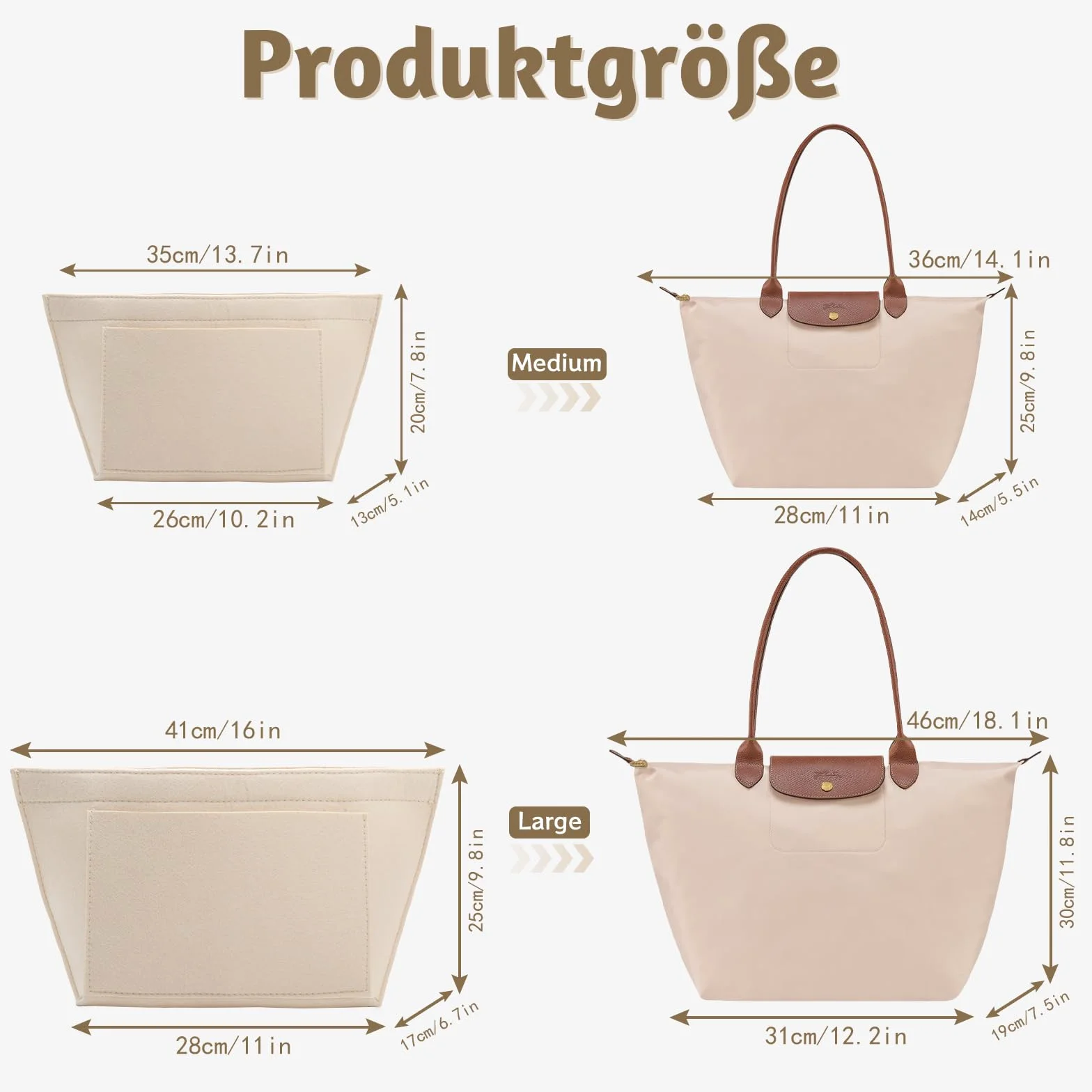 Organiseur de sac à main en feutre pour Longchamp L, pliable, Beige