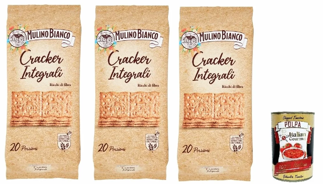 Mulino Bianco Cracker Integrali con Farina Sostenibile Ricchi di Fibre, Crackers à pleine farine, Riche en fibres, 3x 500g + Italian Gourmet polpa 400g