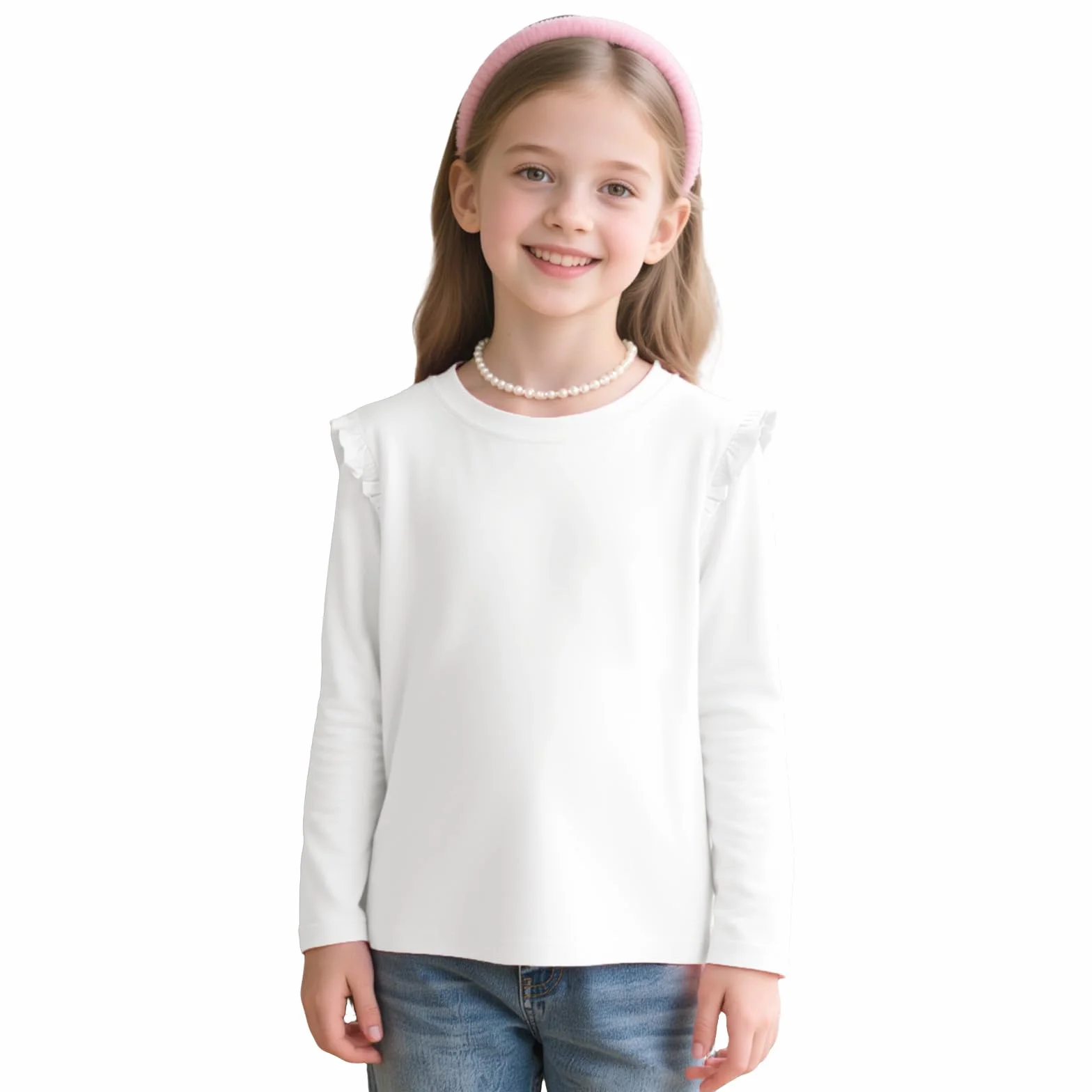 JinBei T-shirt Fille Coton Col Rond Manches Longues Volanté Doux Tops Couleurs Unies Enfants 4-11 Ans