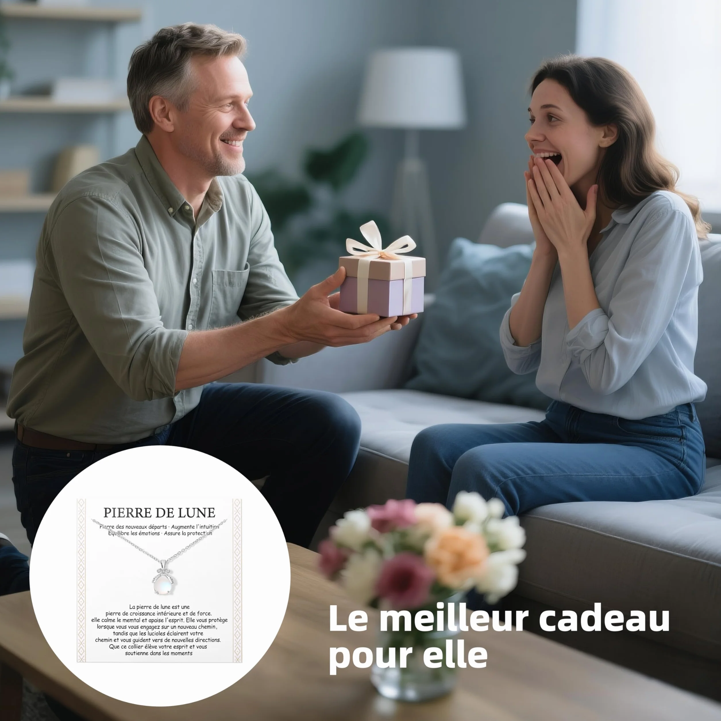 Merclix Collier Femme Pierre De Lune Cadeau Original Anniversaire Noel Fête Des Mères