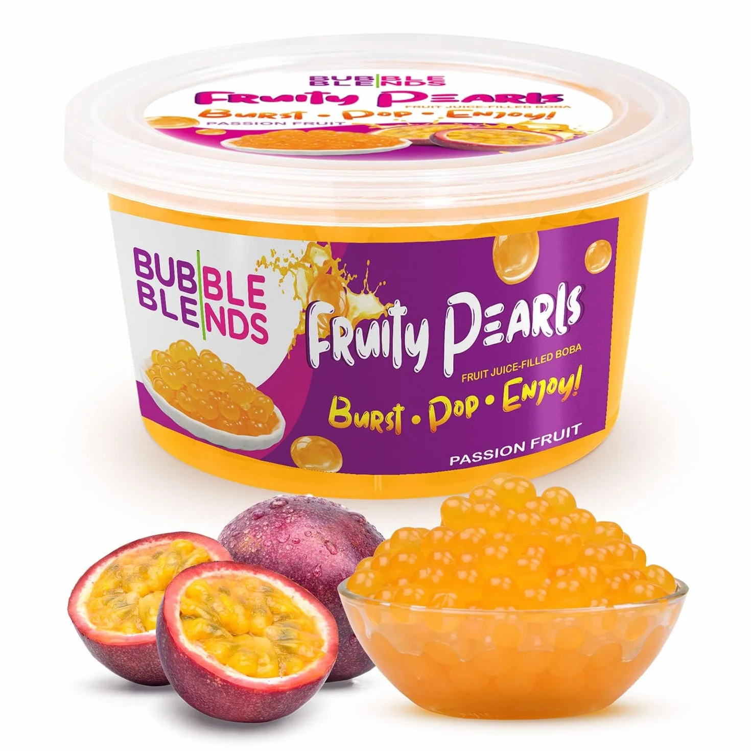 Fruit de la passion Popping Boba 450G – Bubble Blends Perles Boba au Vrai Jus de Fruits–Sans Lactose, Sans Graisse et Sans Gluten–Pour Bubble Tea ou Garnitures de Dessert EXP 25/02/25