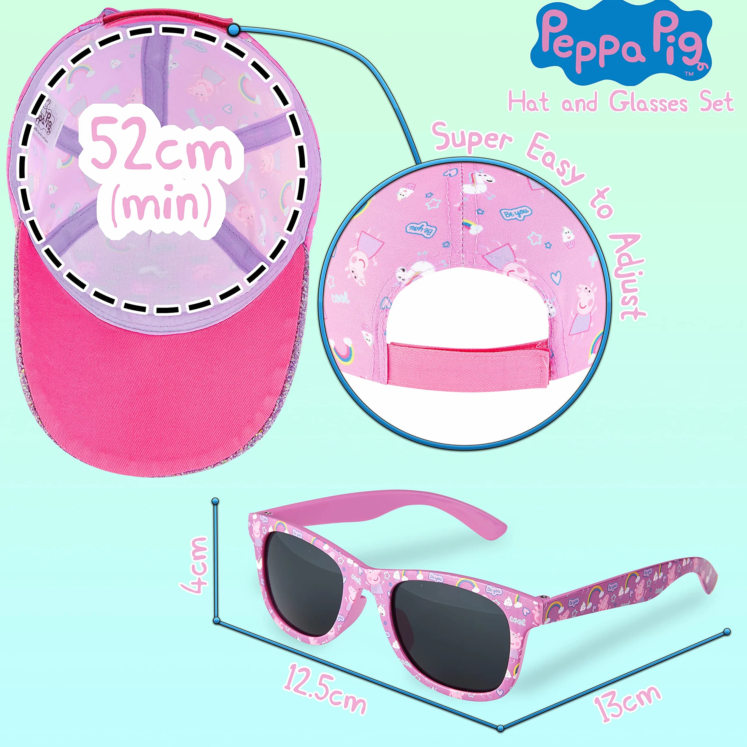 Peppa Pig Casquette Enfant Fille Lunettes de Soleil UV400 Baseball Brillante Accessoires Été