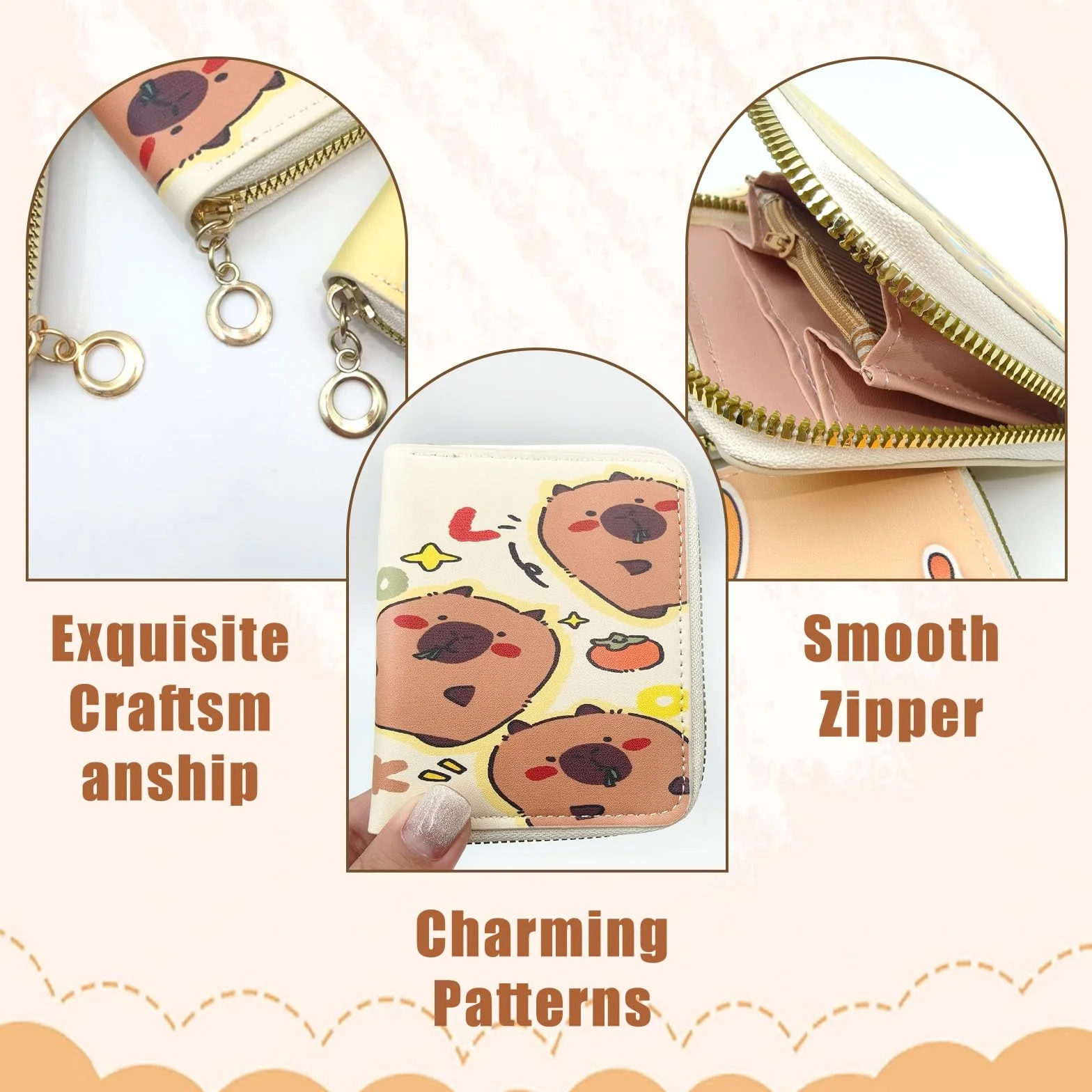 Porte Monnaie Enfant Capybara 3 Pièces Portefeuille Cuir PU avec Fermeture éclair