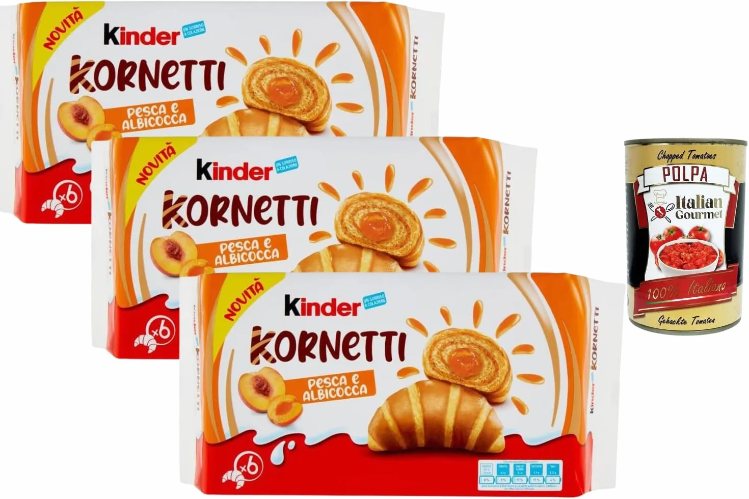 Italian Gourmet - Kinder Kornetti Pêche & Abricot, 3 Paquets (18 Cornetti) Viennoiseries Italiennes Moelleuses pour Petit-Déjeuner & Goûter, Format Familial Import Italie + Italian Gourmet Polpa