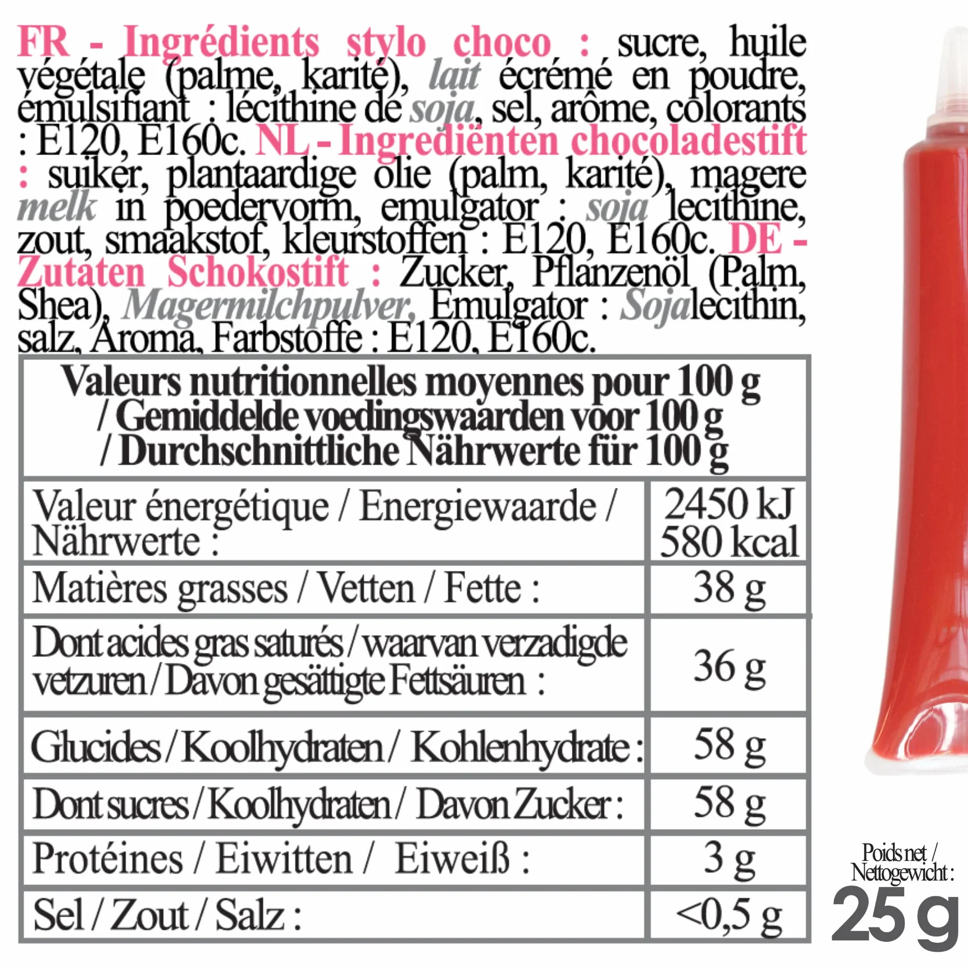 ScrapCooking - Stylo Choco Rouge - Crayon Alimentaire Pâtisserie 25 g - Stylo Décoratif Comestible - Écrire & Dessiner sur Desserts, Gâteaux & Biscuits Noël Anniversaire - 6803