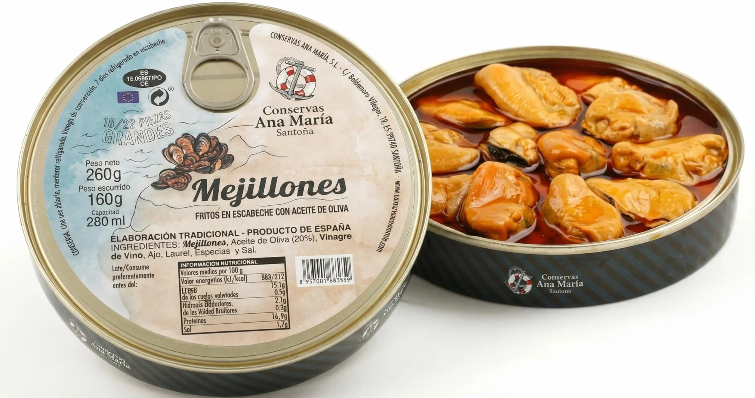Conservas Ana Maria Moules en Escabèche à l'Huile d'Olive, 18/22 Grosses Pièces, Élaboration Traditionnelle de Santoña Espagne, 260g