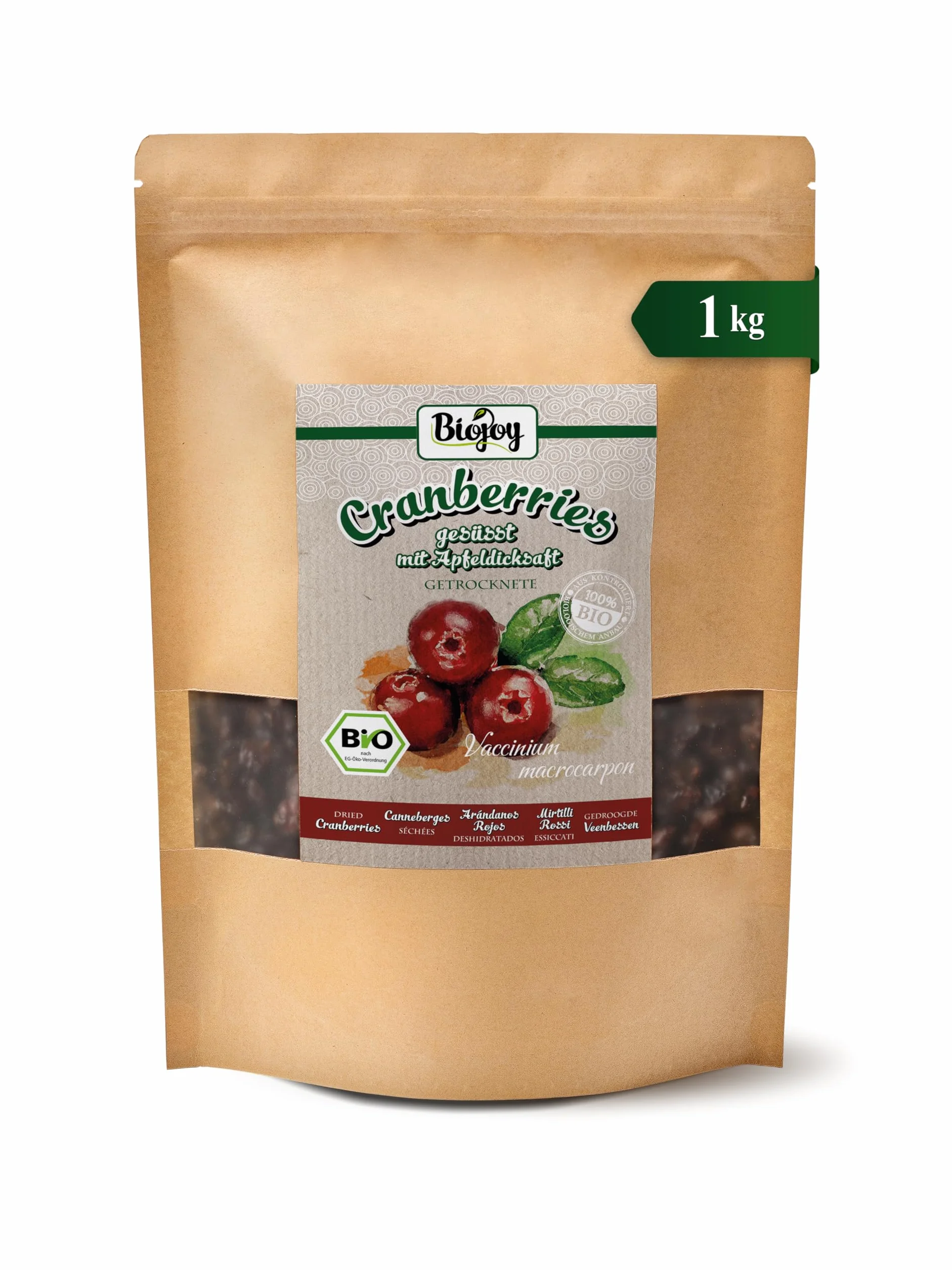 Biojoy Cranberry séchée BIO (1 kg), Cranberries sucrées au Concentré de Jus de Pomme