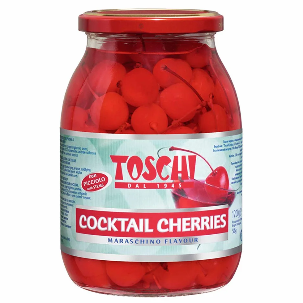 Lucgel Cerises rouges avec tige confites au sirop pour cocktail Toschi - 1,2 kg -