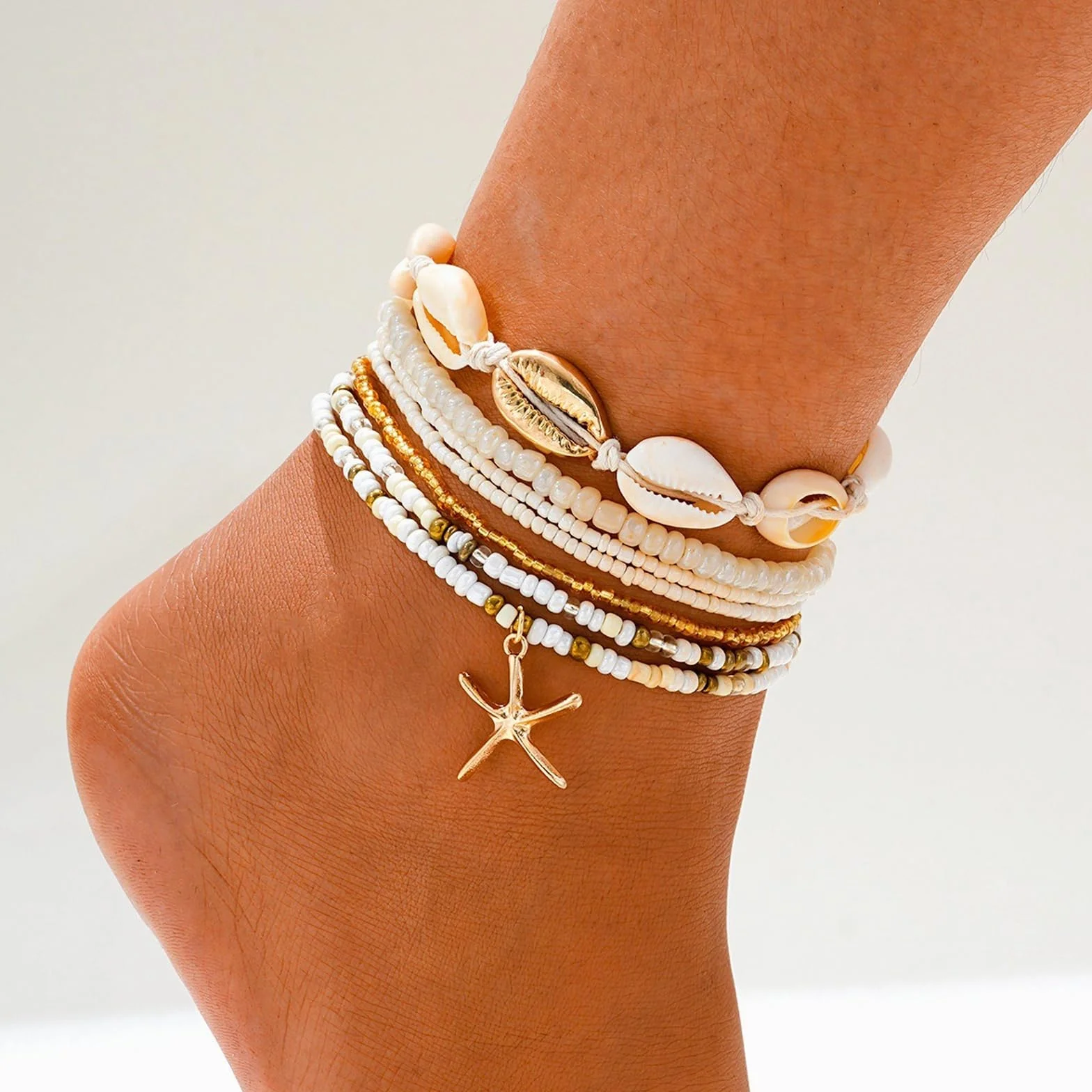 JSTHHTT Bracelet de Cheville Femme Perles Dorées Bohème Réglable Élastique