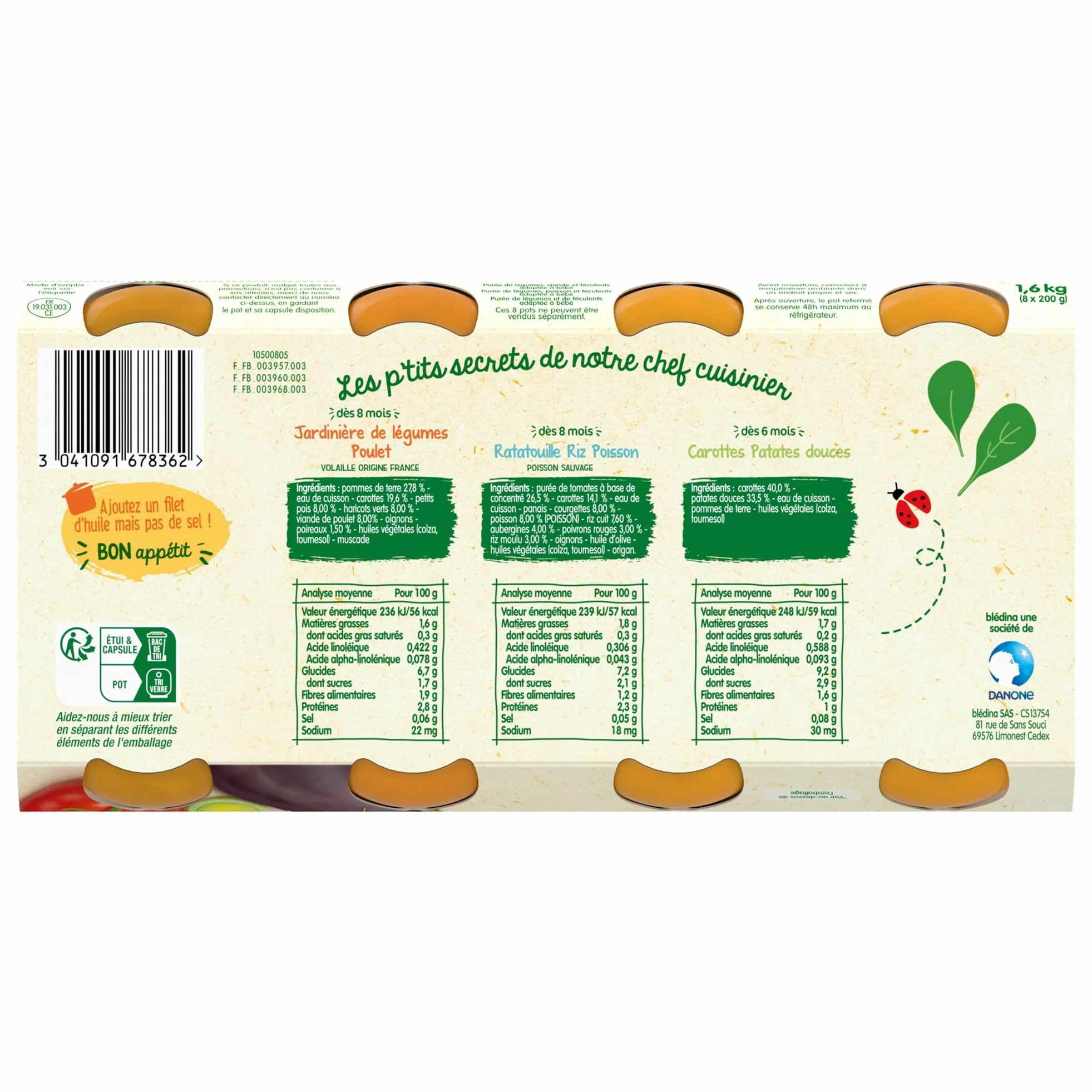 Blédina Petits Pots pour bébé, Dès 8 Mois, Légumes Poulet / Ratatouille Riz Colin / Carotte Patate Douce, 24x200g (3 packs)