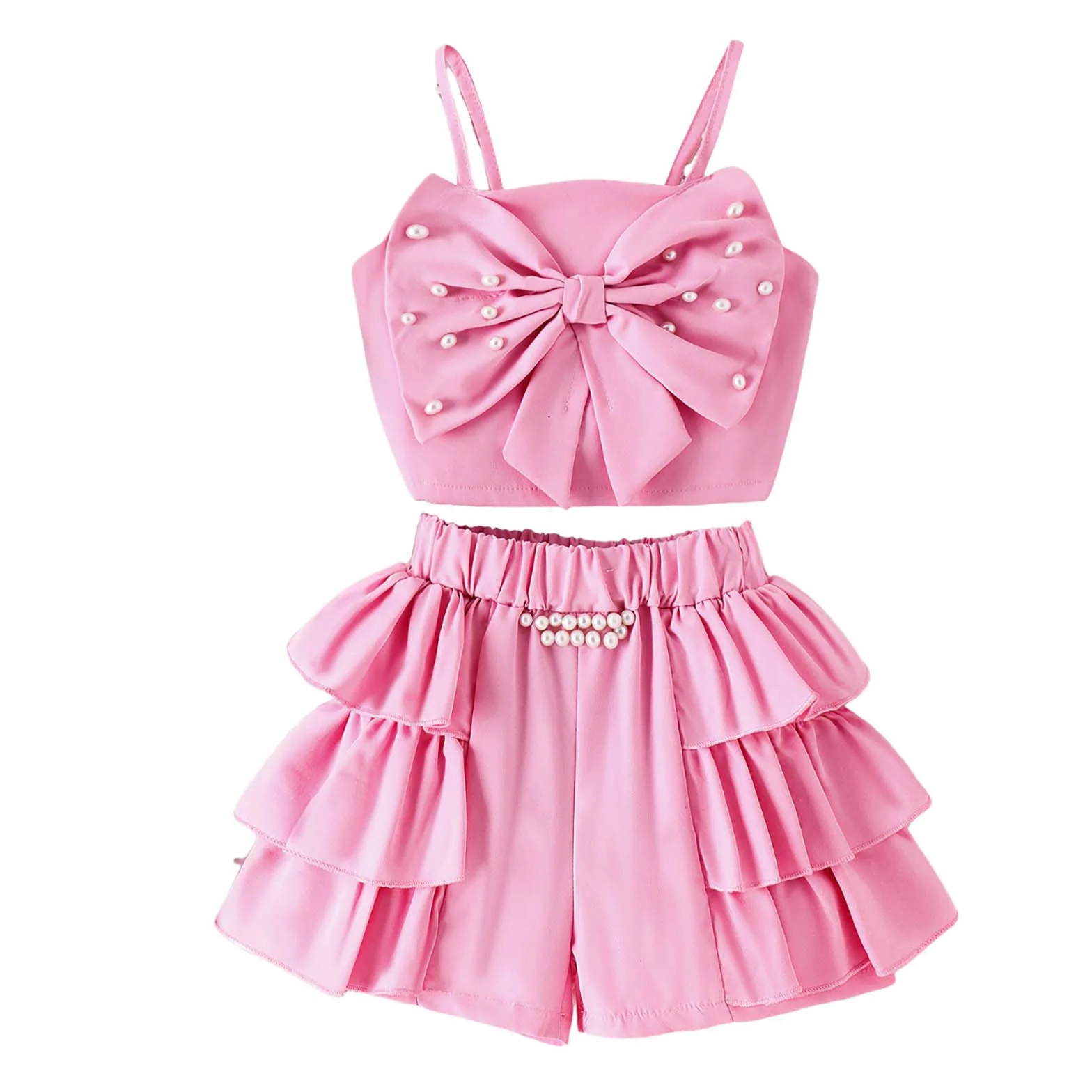 Survêtement pour enfant fille 2 pièces T-shirt short dentelle stretch été couleur unie bretelles sans manches nœud