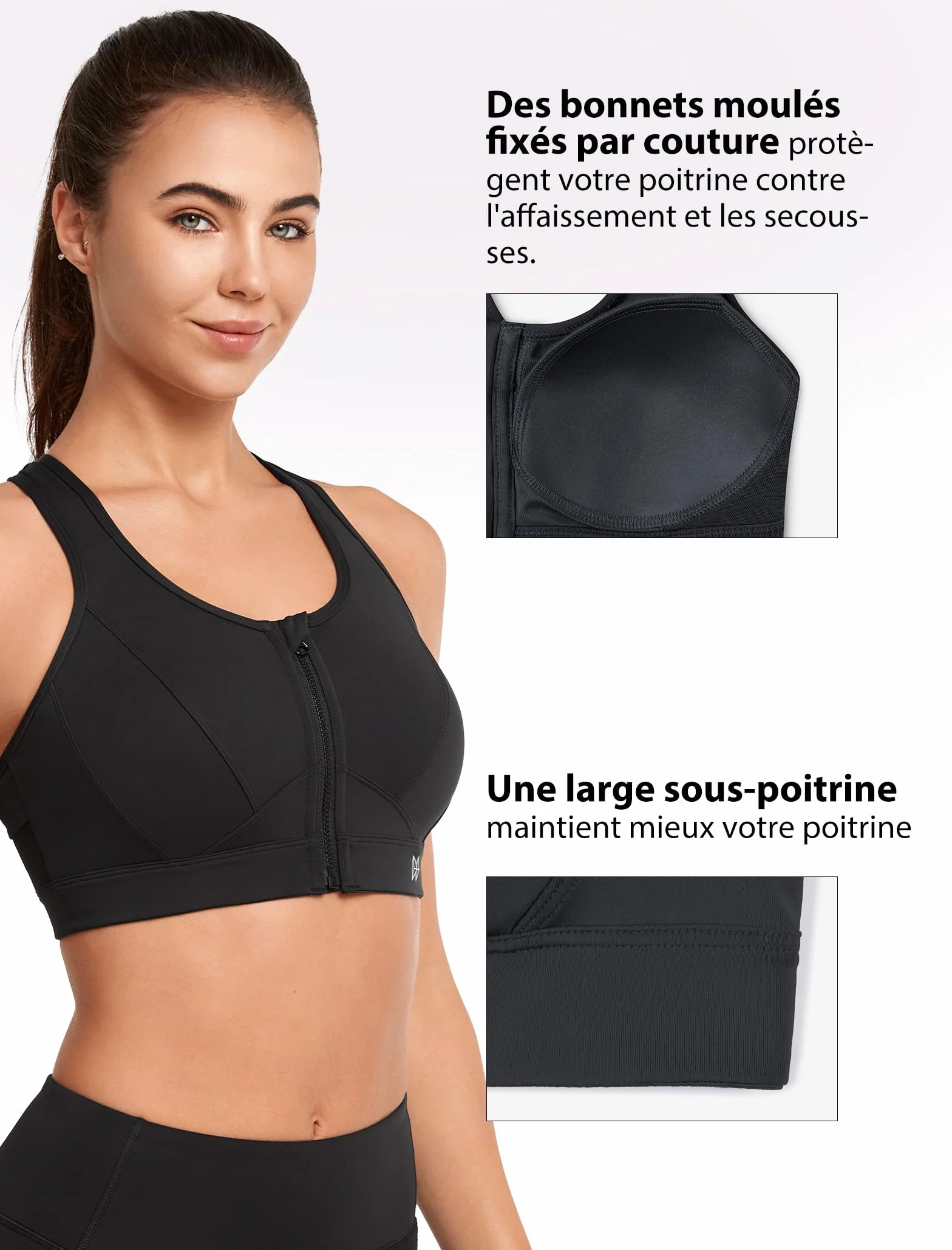 Yvette Soutien-Gorge de Sport Zippée Devant Dos Nageur avec Coussinets Soutien Élevé Femme