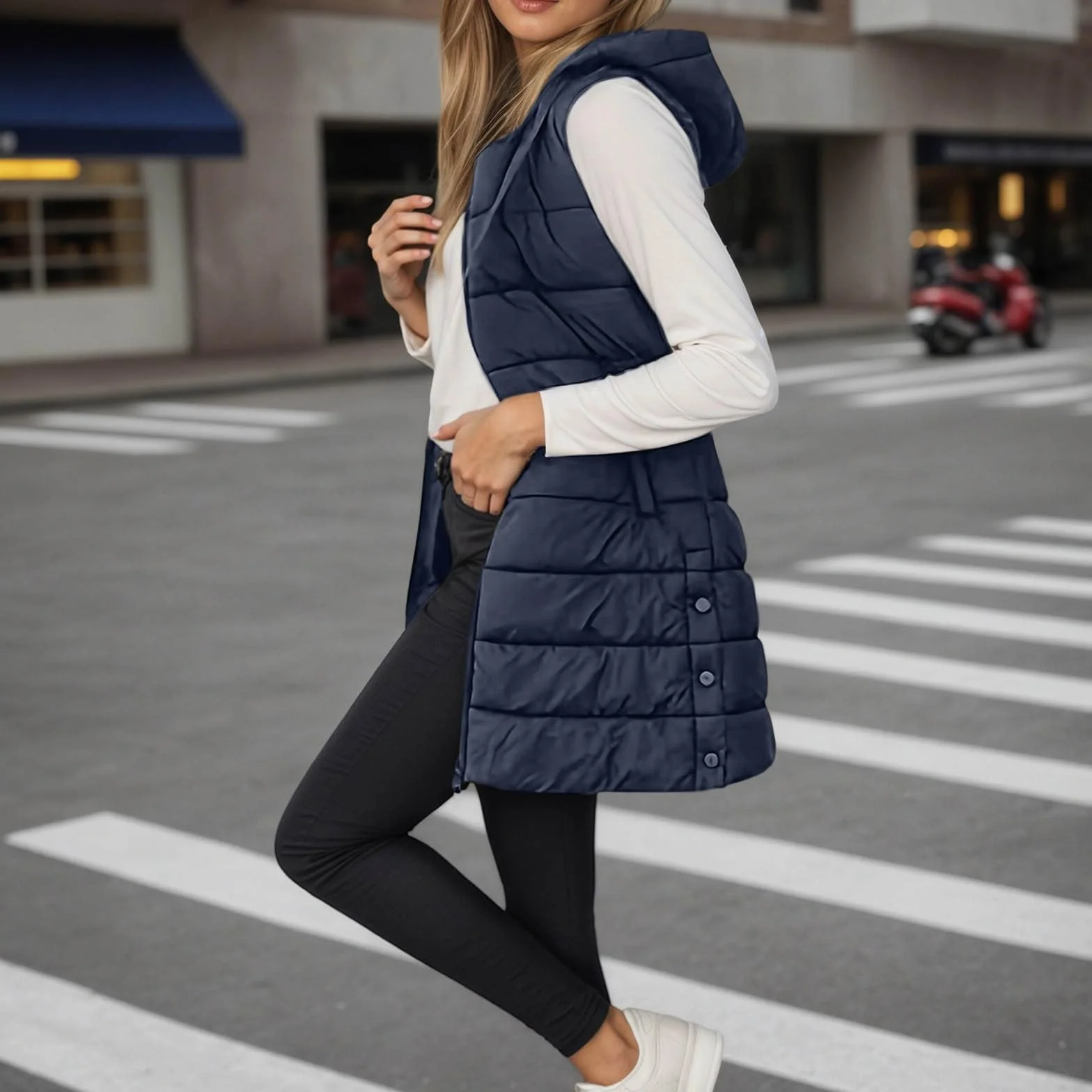 Femme Longue Doudoune sans Manches avec Capuche Gilet Chaud Veste Hiver Poches Zippée