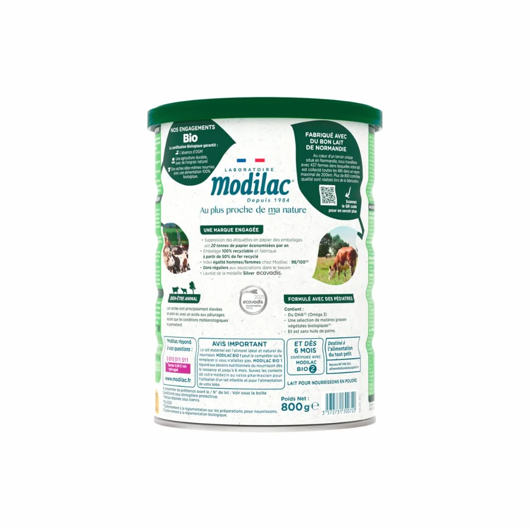 Modilac - Lait Infantile en Poudre Bio 1 - Riche en DHA, Sans Huile de Palme - Convient en Relais de l'Allaitement Maternel - Certifié AB - 1er Age, de 0 à 6 Mois - Lot de 3x800g