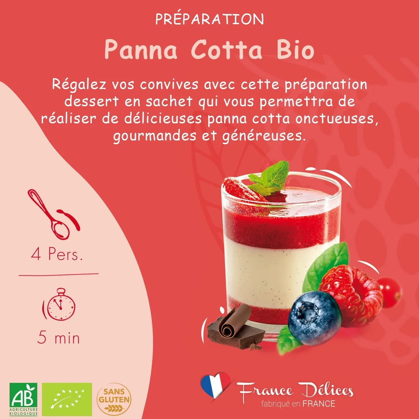 FRANCE DÉLICES - Préparation Pâtisserie Pour Panna Cotta Bio - Dessert Ou Goûter Gourmand Et Naturel - Prêt En 5min - Fabrication Artisanale En France - 4 Pers. - 10 Sachets De 40g
