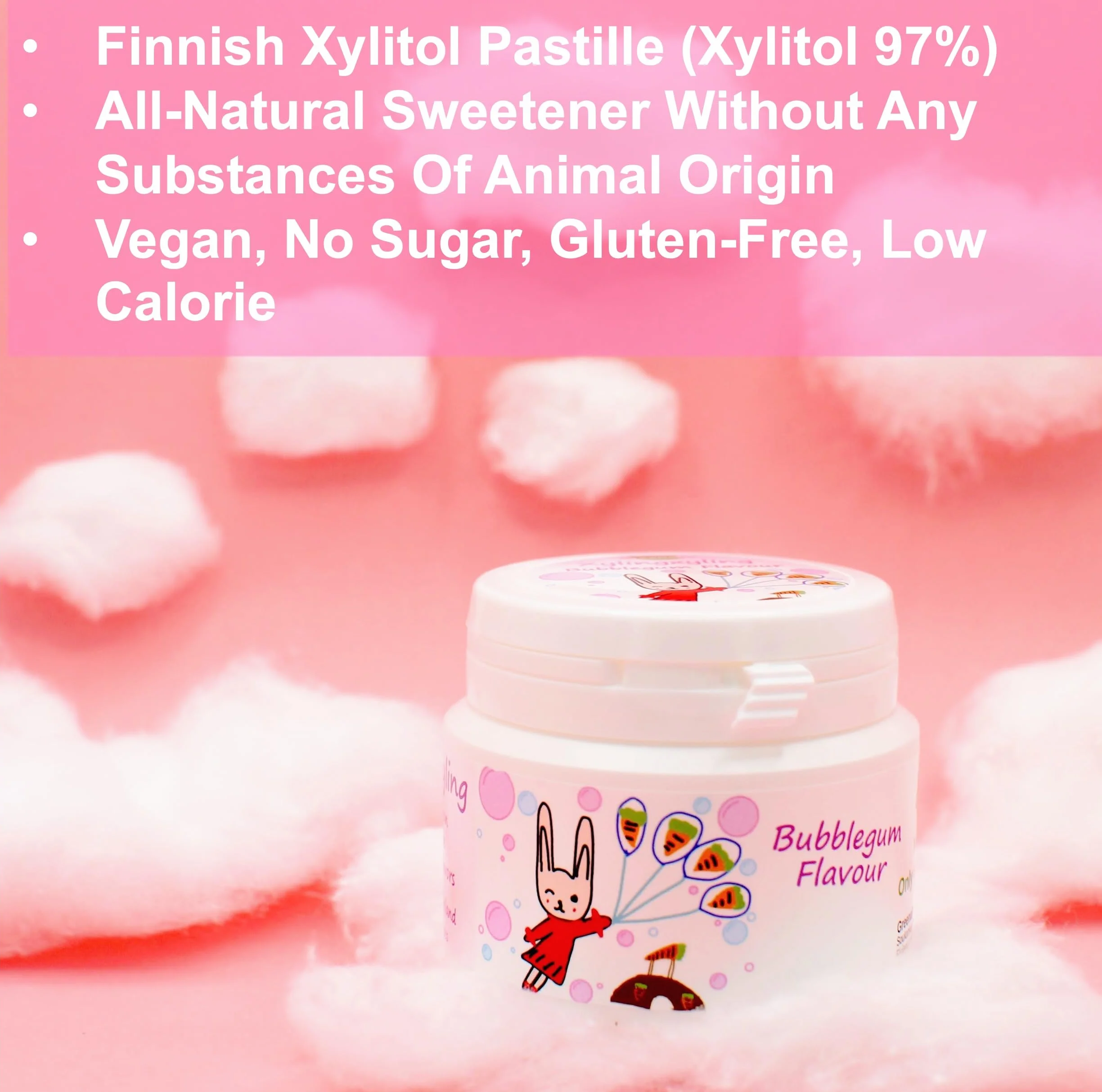Xylingxyling - Pastille finlandaise au xylitol - 100% végétalienne, sans sucre, sans gluten, arômes naturels, soins dentaires et haleine fraîche, 90 g/160 pièces (goût bubblegum) (4 paquets, 4, unité)