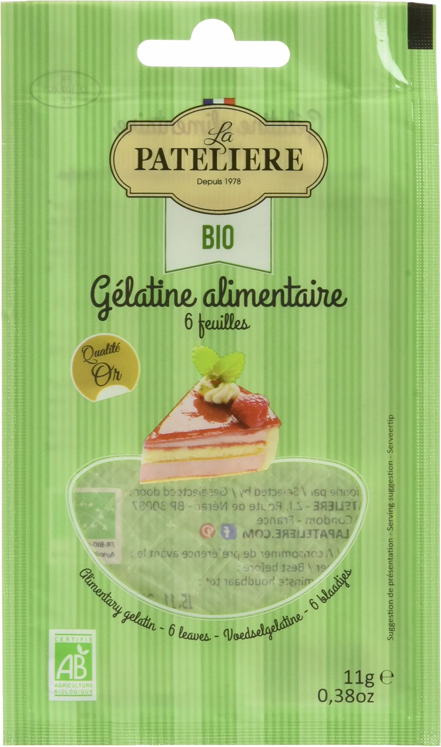 LA PATELIERE Gélatine Alimentaire Bio Sachet 6 Feuilles 11 g