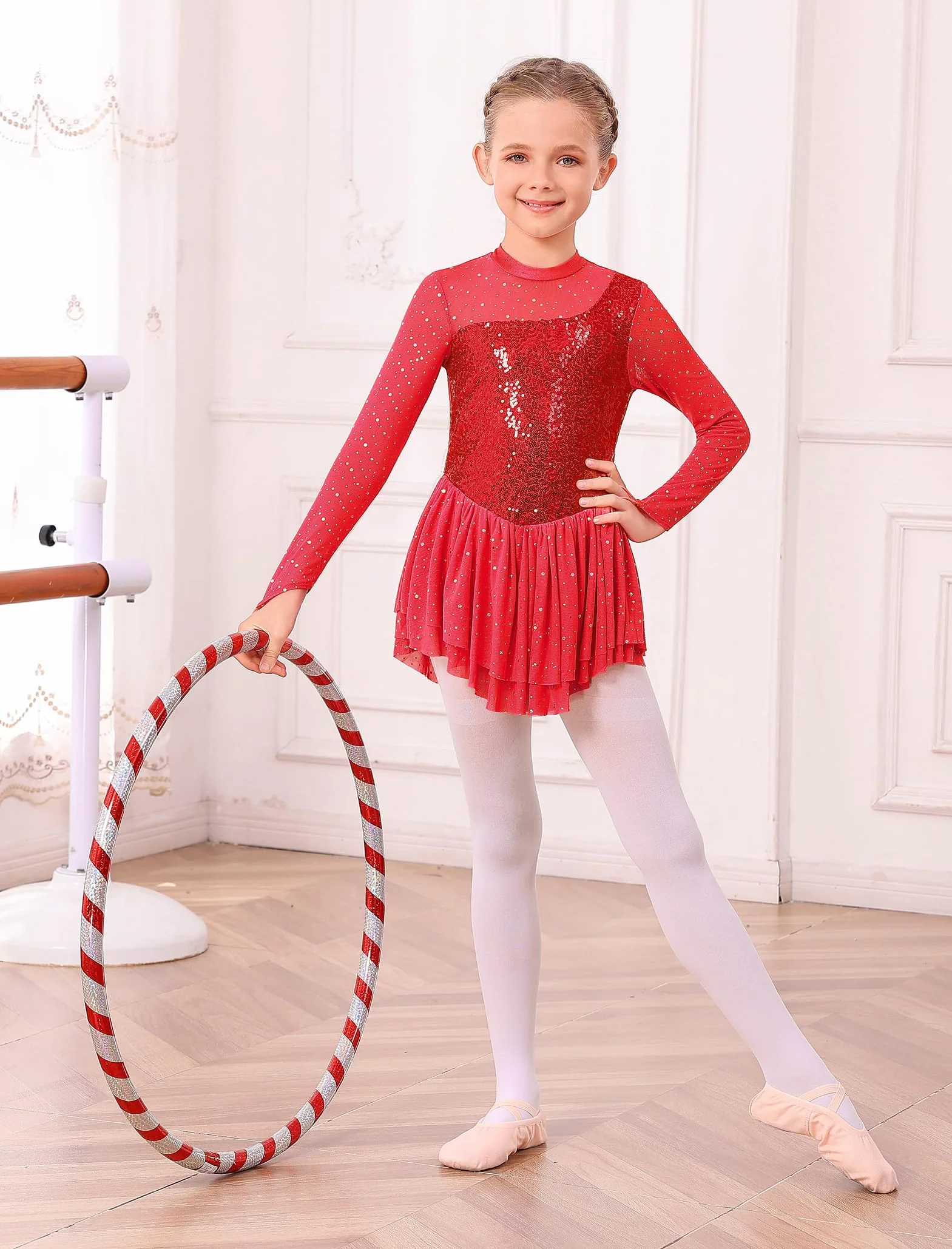 FYMNSI Robe de patinage artistique pour fille avec strass manches longues en tulle - Justaucorps de danse