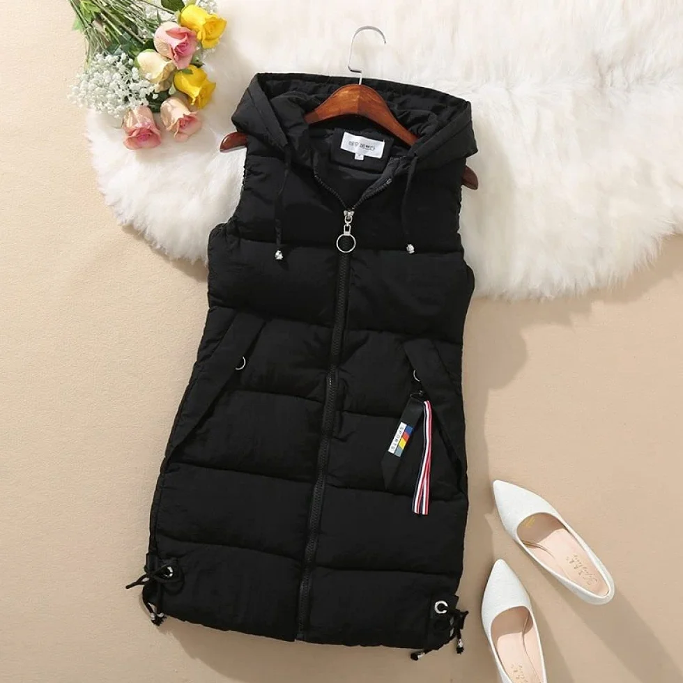 Veste sans manches femme capuche longue gilet matelassé chaud rembourré ultraléger manteau d'hiver