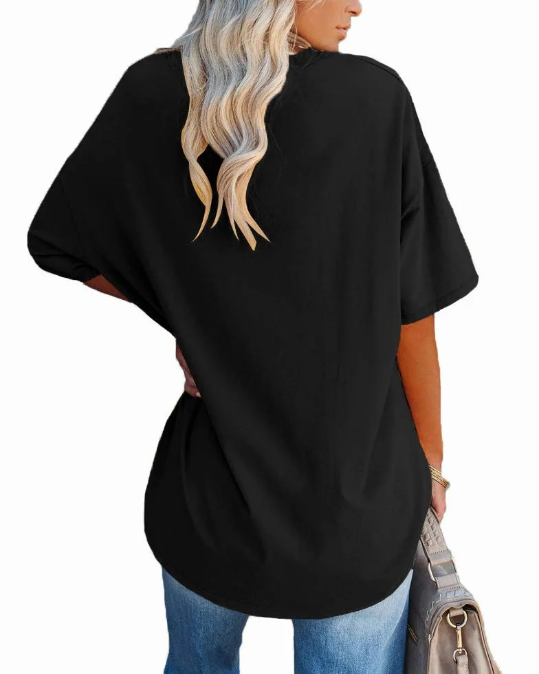 Ebifin T-shirt surdimensionné femme col V manches courtes été