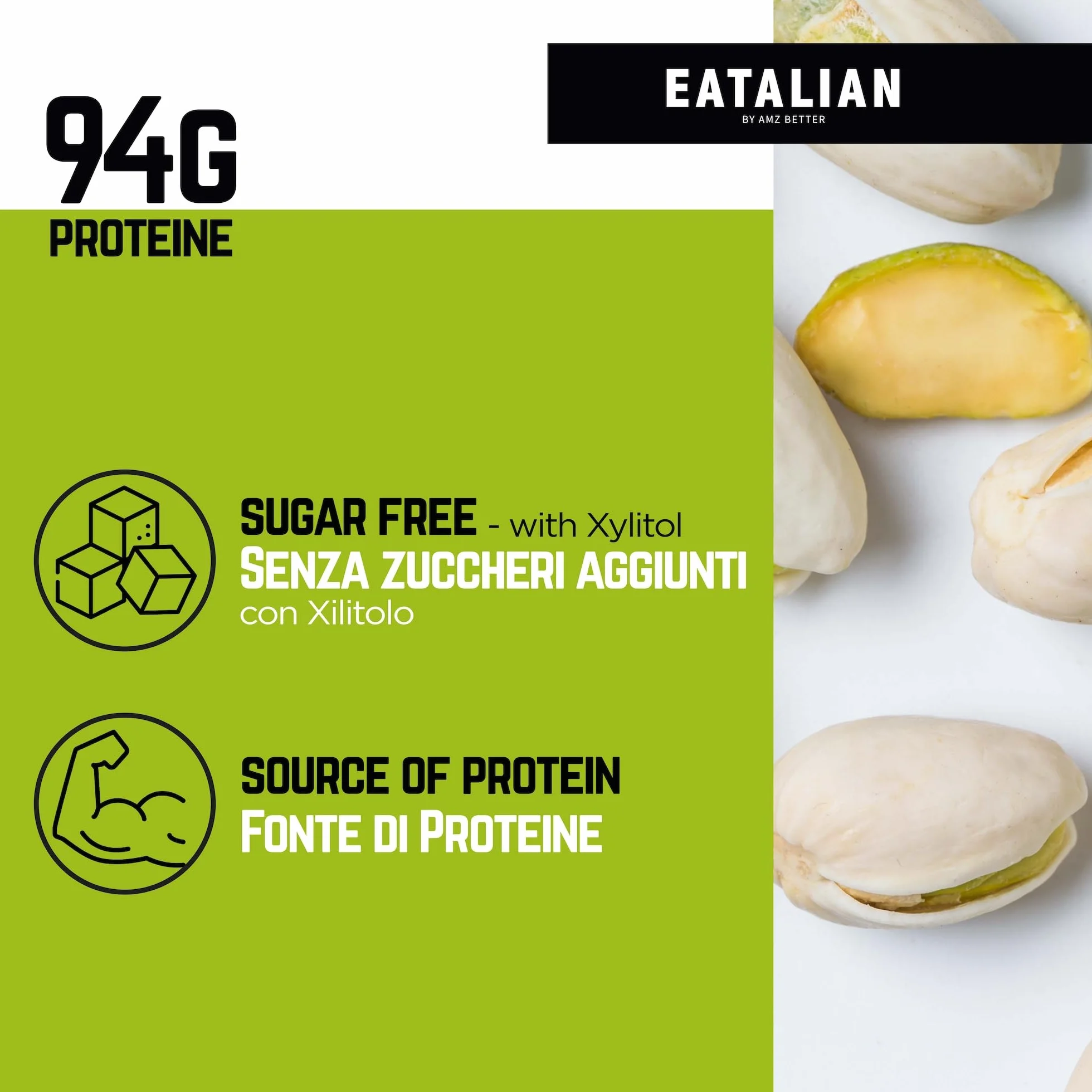 EATALIAN by AMZ BETTER Topping Protéiné au Goût de Pistache, Crème Sucrée Protéinée en Squeezer de 500 gr, Made in Italy, Sauce Pistache Idéale pour Décorer Glaces, Desserts et Dubai Chocolate