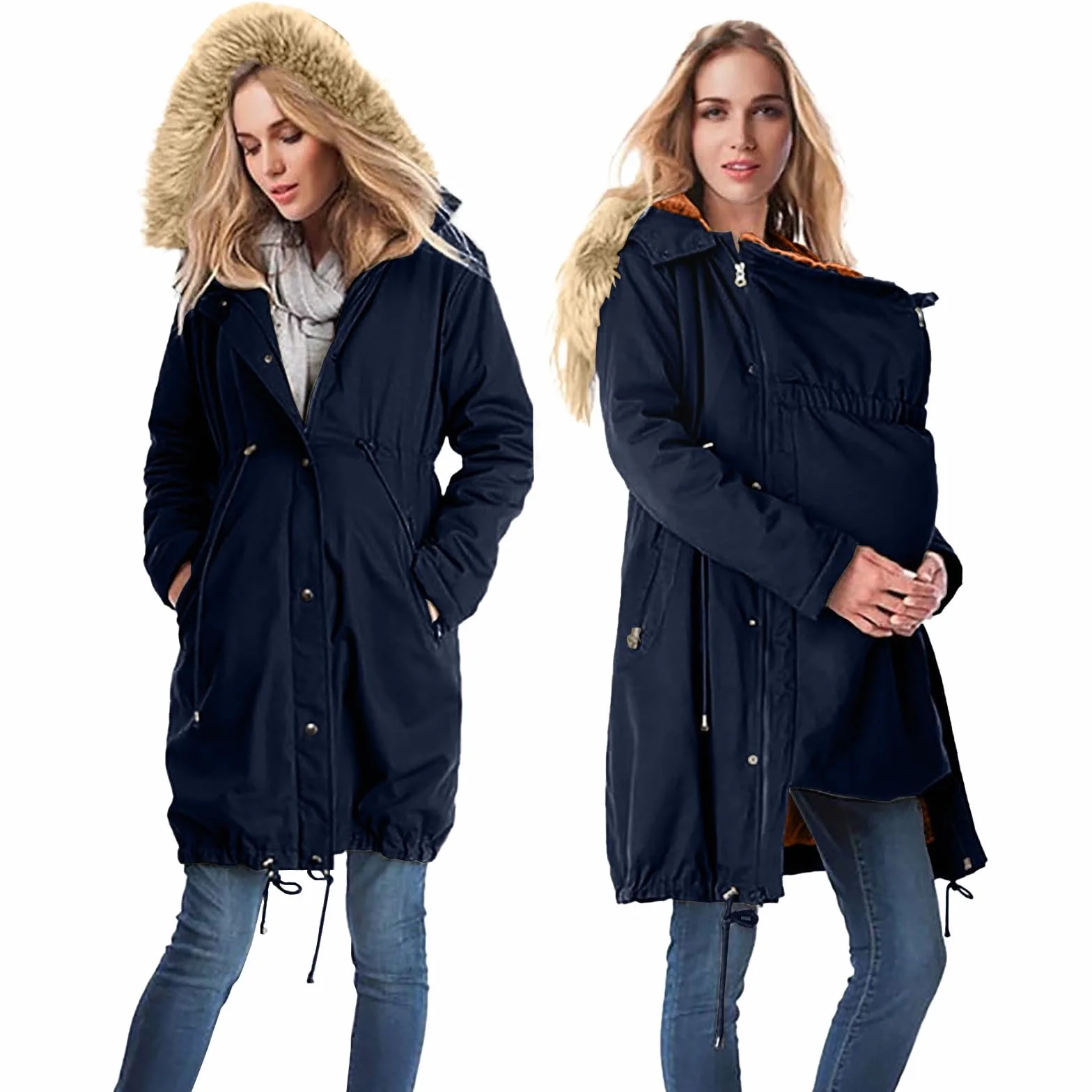 Veste de portage femme bébé d'hiver chaude en coton avec col en fourrure manteau surdimensionné