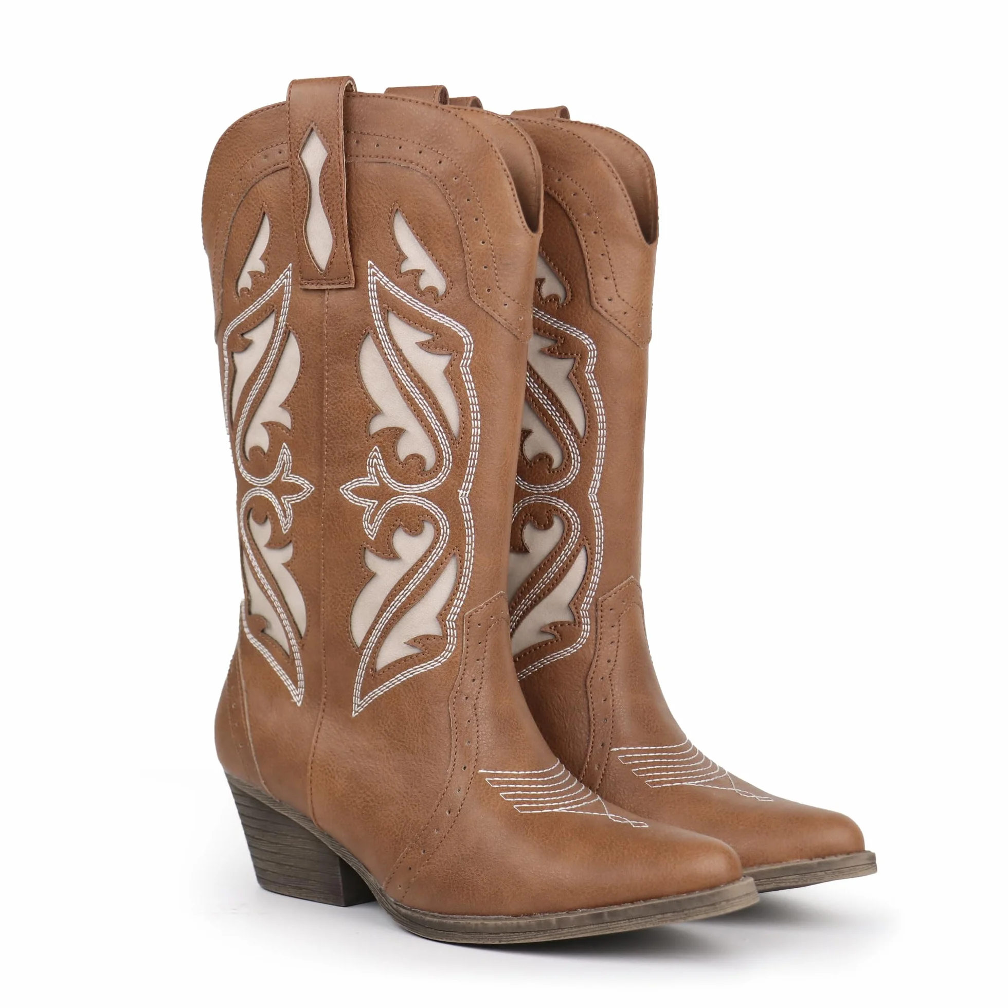 Bottes cowboy femme Hawkwell à broderie mi-mollet bout pointu talon carré entrée facile taille 36-42