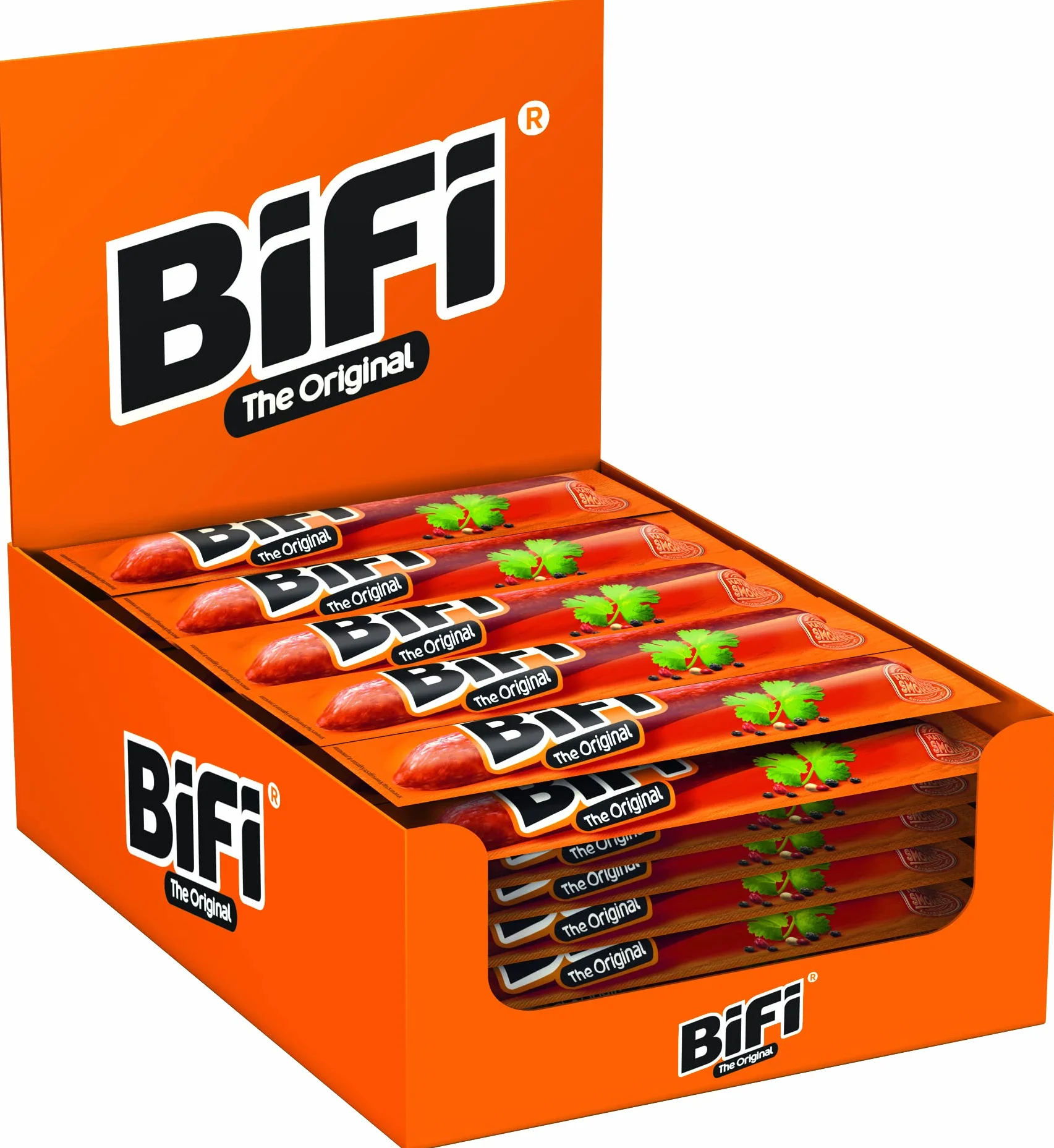 Bifi Original Salami Sticks Lot de 40 (40 X 22,5 G) Snacks à Emporter, Viande et Saucisses Séchées à L'air, Salami au Poivre, à La Coriandre et à L'ail, Boîte de Snacks, Paquet de Saucisses