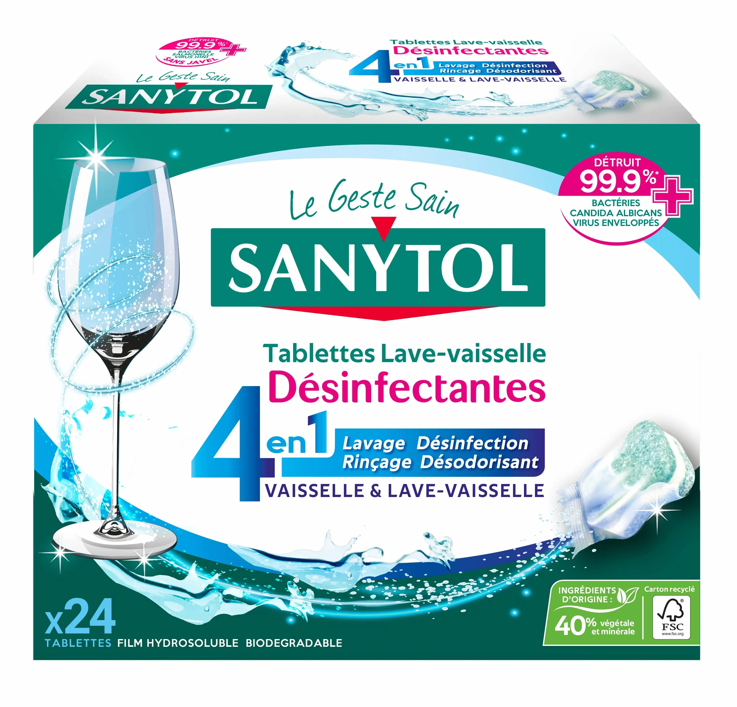 Sanytol -Tablettes Lave-Vaisselle 4 en 1 Désinfectantes - 24 Tablettes - Lavage, Désinfection, Rinçage, Désodorisant - Bactéricide, Virucide, Levuricide