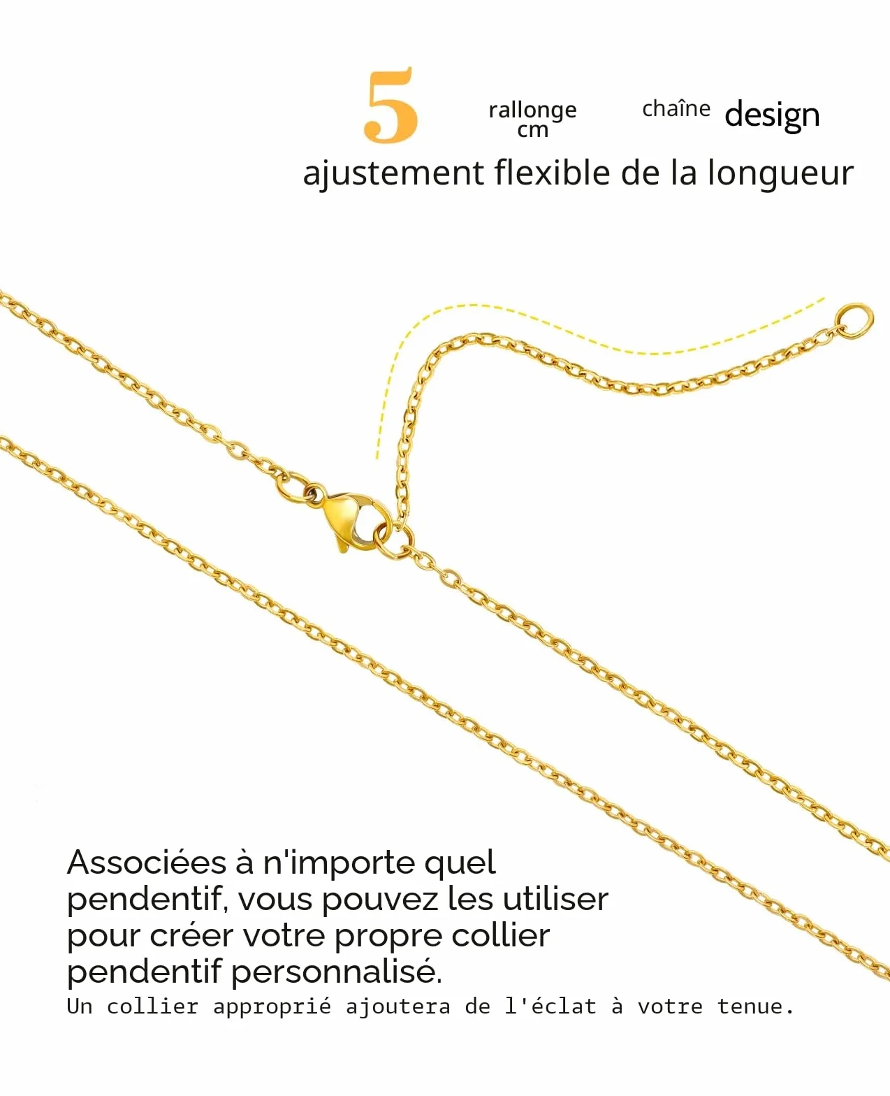OSTAN Chaîne maille forçat dorée pour femme 1,4 mm 40-100 cm + 5 cm
