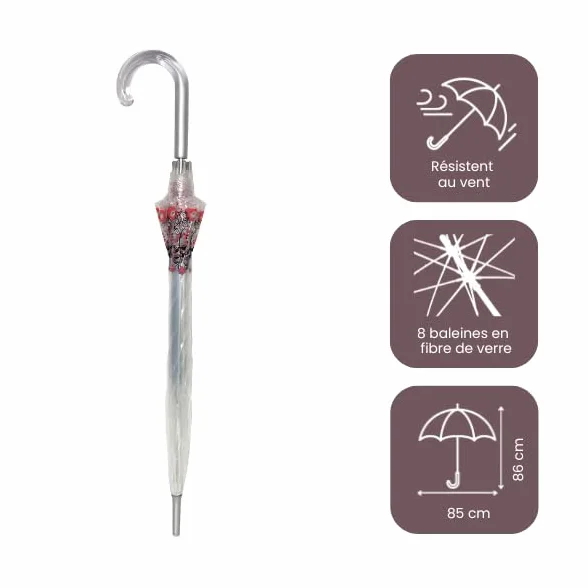 SMATI Parapluie Long Transparent Forme Cloche Solide Ouverture Automatique 85cm Poignée Transparente Femme Dentelle Colorée