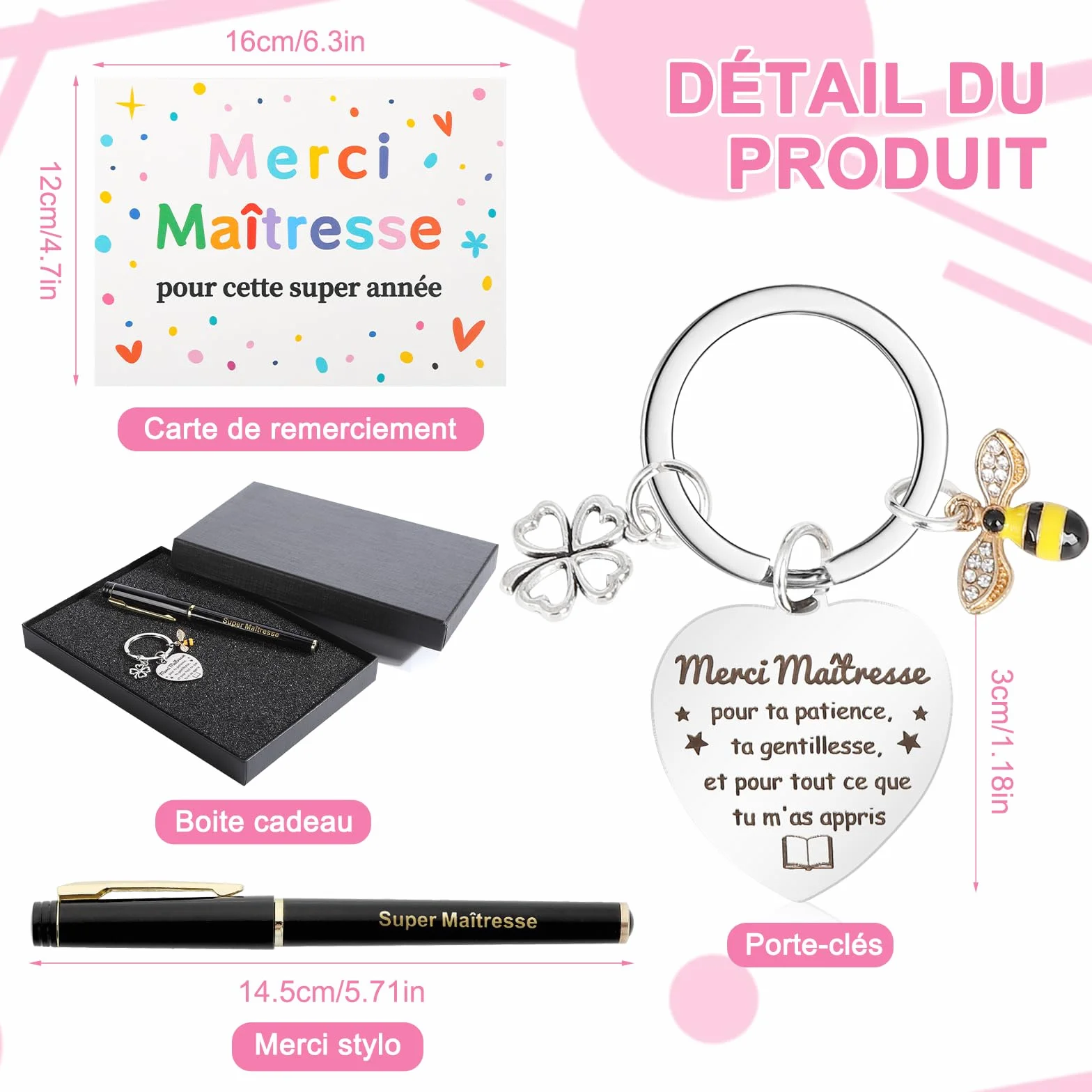 Echehi Cadeau Maitresse d'École Fin d'Année avec Porte-Clés Stylo Carte Merci