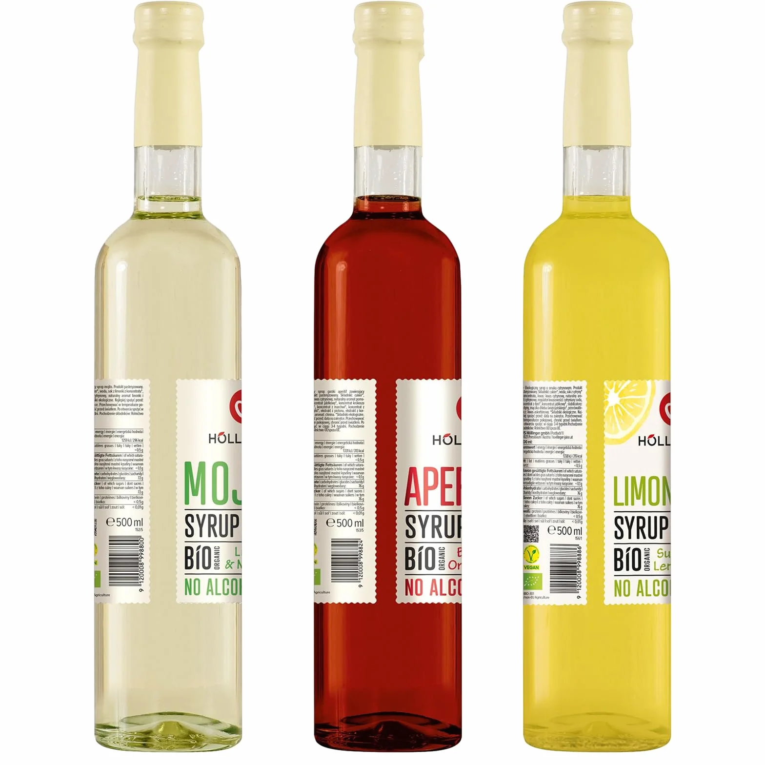 Höllinger Lot de 3 Sirops Bio Sans Alcool, Mojito Citron Vert & Menthe, Aperitivo Orange Amère, Limoncello Citron, 500ml Chacun, Ratio 1:9