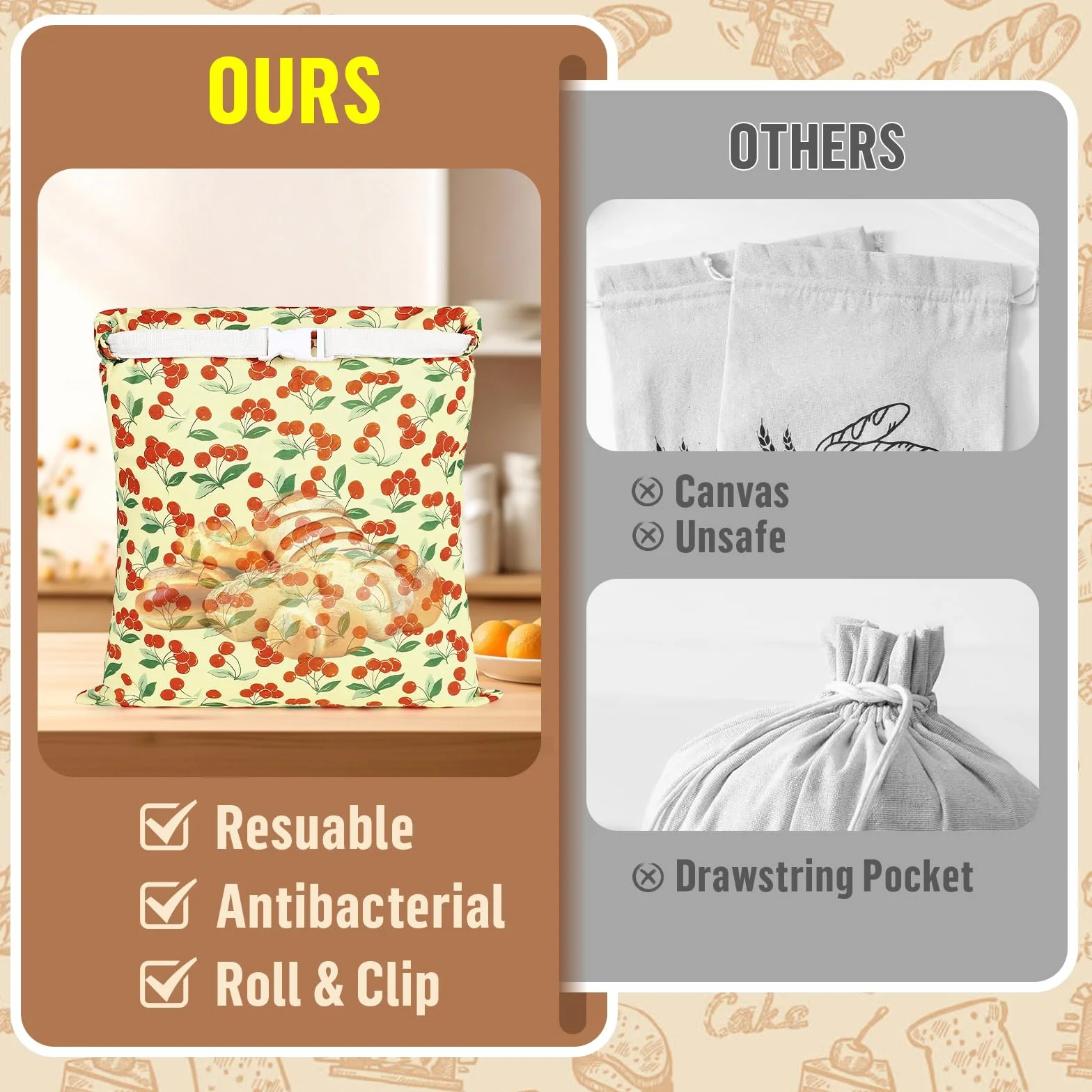 2 Pcs Sacs a Pain Tissu Réutilisables en Polyester avec Doublure en Cire d'abeille Sac à Pain pour Conserver le Pains Beeswax Bread Bag Conservation Croissant Baguette Fruits Légumes-43*30cm(Cerises)