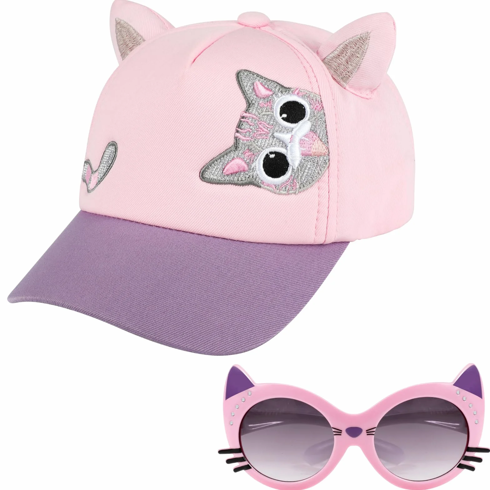 Hifot Ensemble Casquette de Baseball pour Fille avec Lunettes de Soleil Enfant, Réglable Chapeau Paillettes Protection UV Rose
