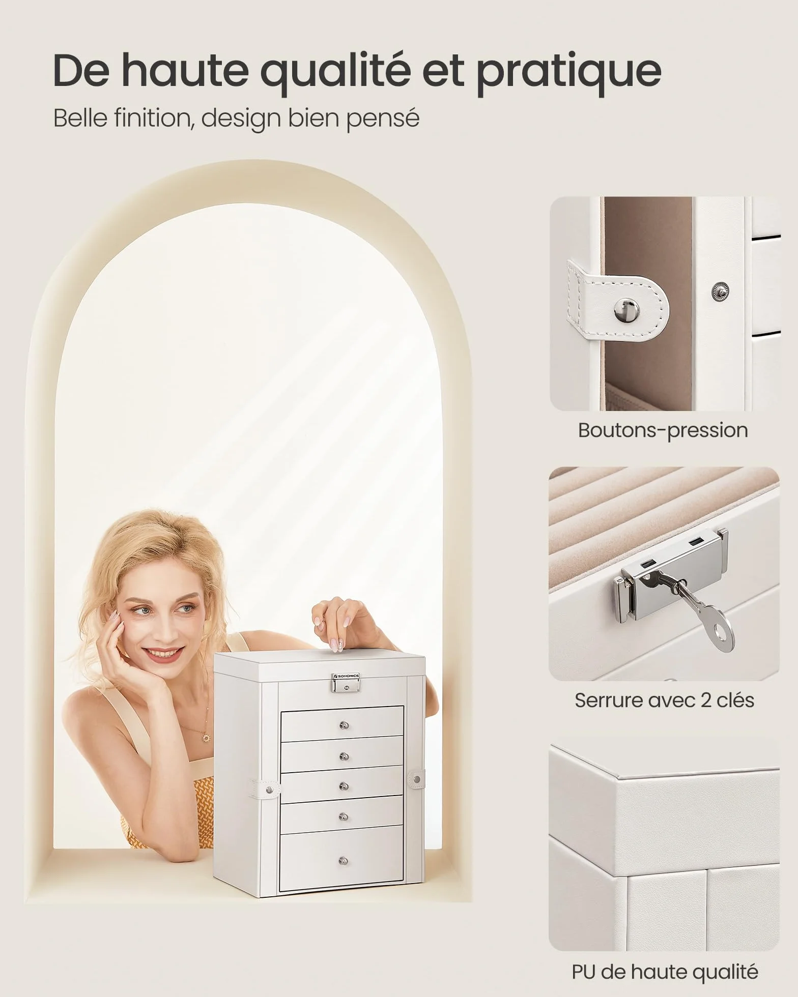 SONGMICS Boîte à Bijoux 6 Niveaux 5 Tiroirs Coffre de Rangement avec Miroir Intérieur Verrouillable Blanc Nuage JBC152W01