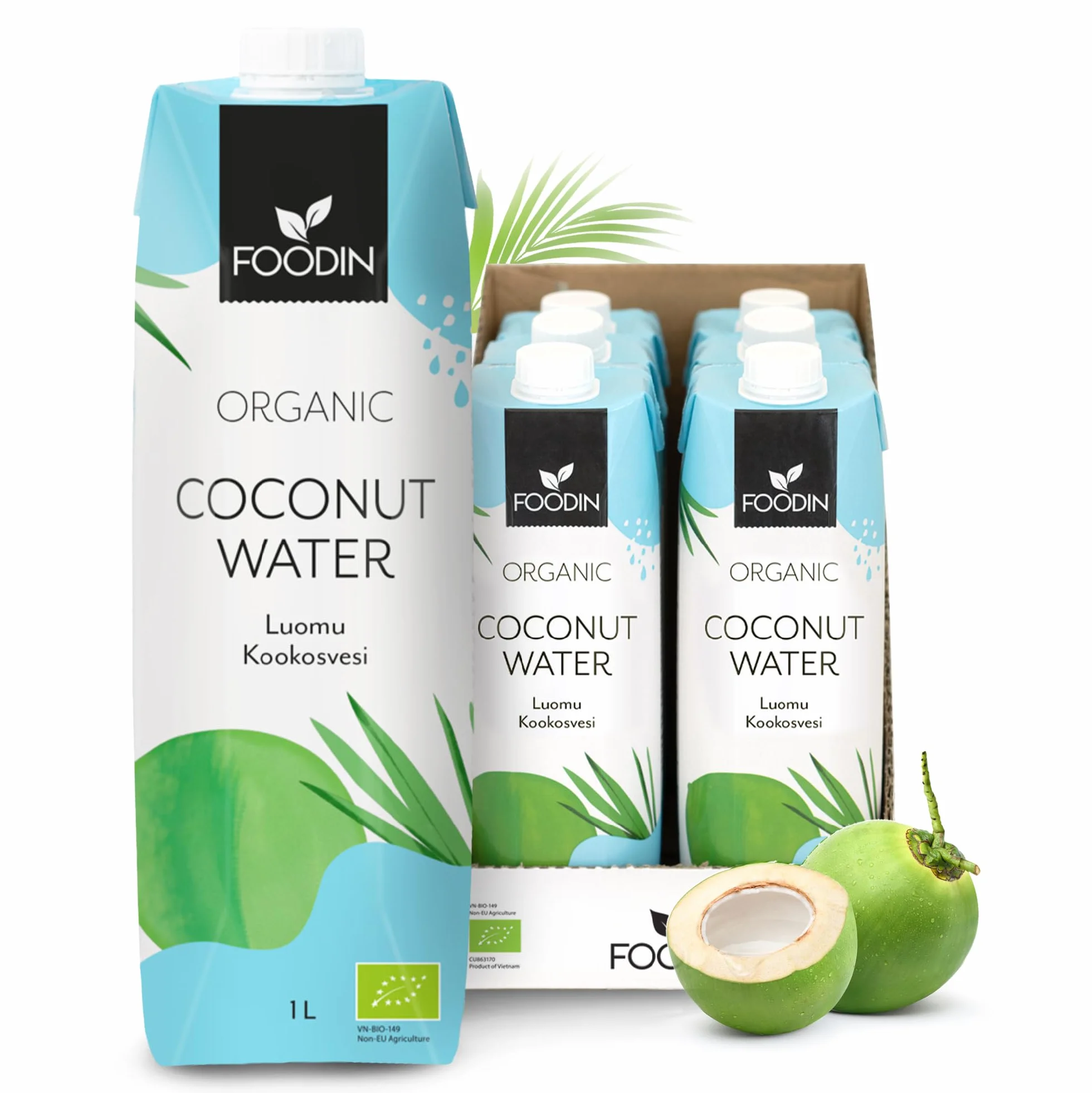 Foodin Eau de coco Bio, Naturellement hydratante avec des électrolytes, Sans gras, Sans gluten, Sans OGM, Faible en calories - Désaltérant apaisant - Paquet de 6 (6x1000ml)