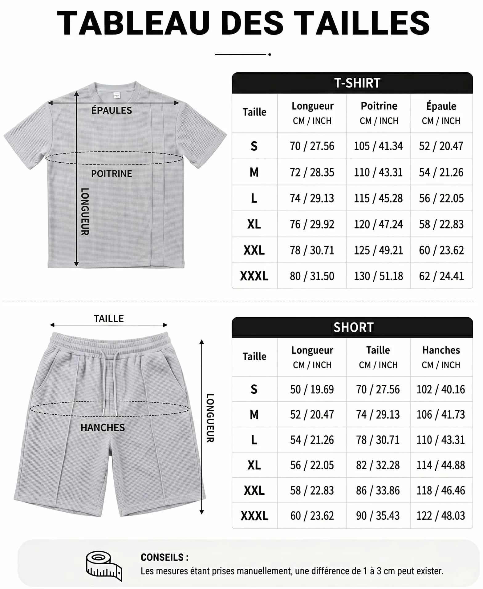 Survêtement Homme Sport Ensemble Tshirt Manches Courtes Short avec Poches