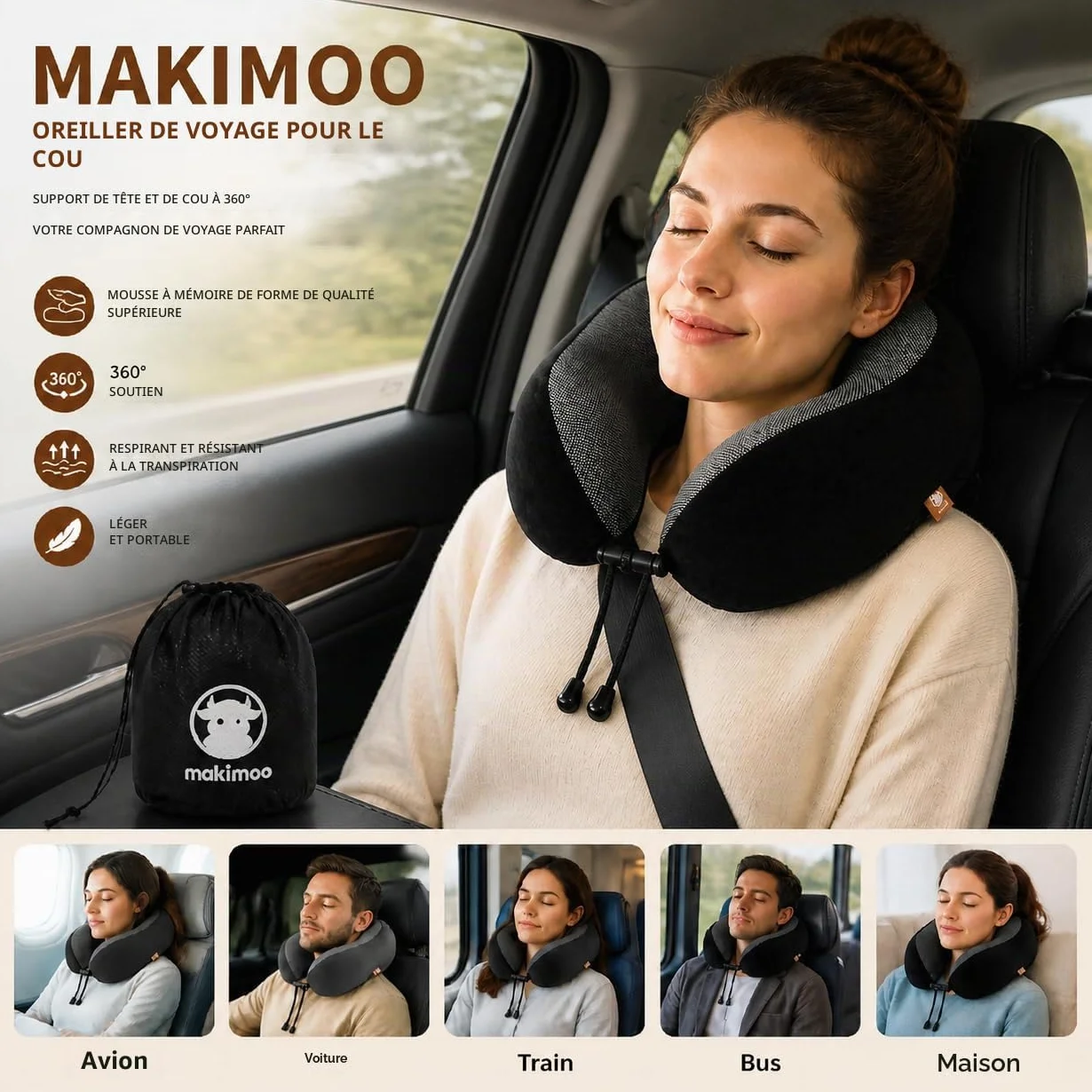 Oreiller de voyage en mousse à mémoire de forme cervical 360 degrés Noir