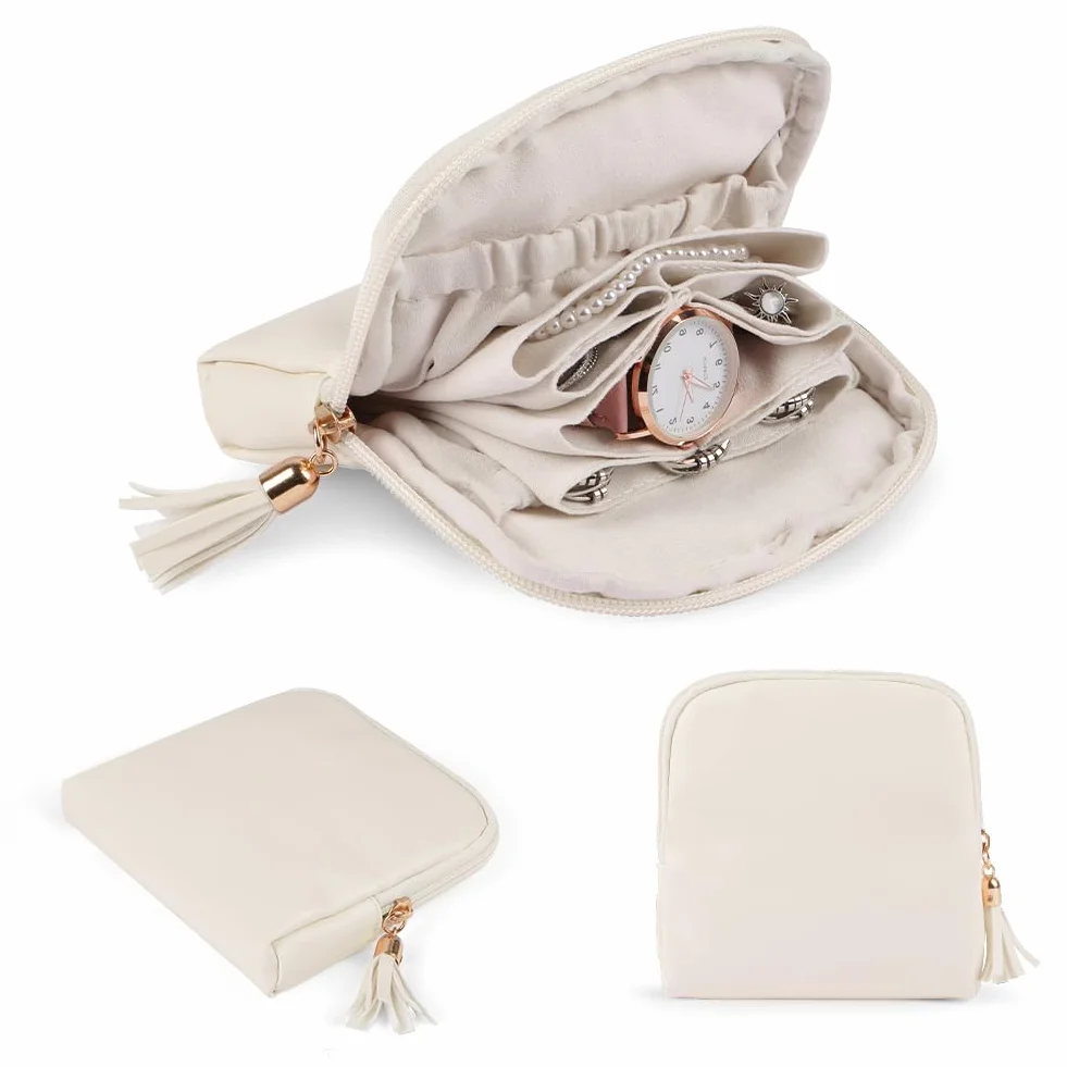 Pochette Bijoux Portable Multifonction Beige, Boîte à Bijoux de Voyage avec Franges