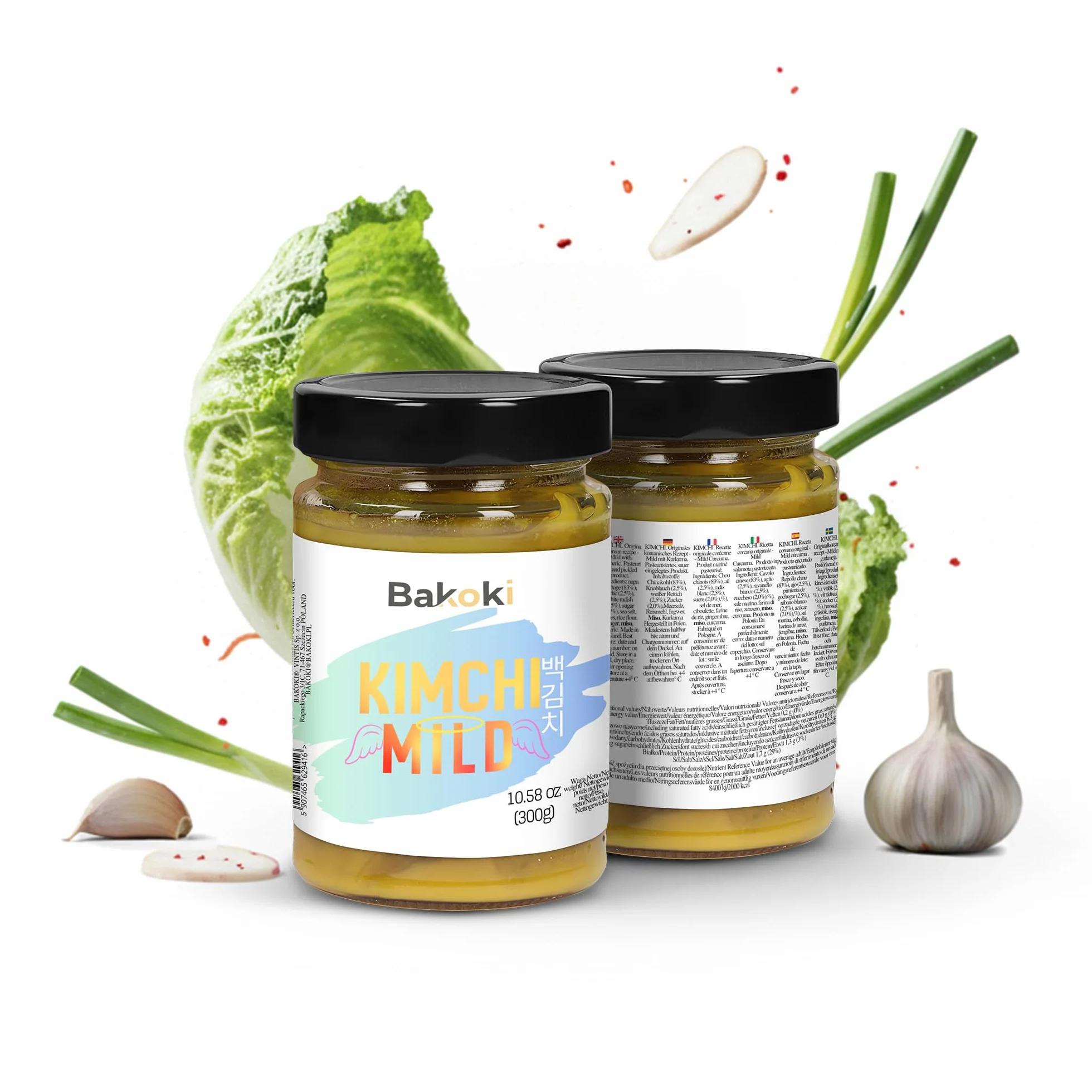 Bakoki 백김치 Baek‑Kimchi – Kimchi doux, sans piment, fermenté de manière traditionnelle au curcuma – 2 × 300 g (idéal pour le déjeuner, les bowls et les accompagnements)