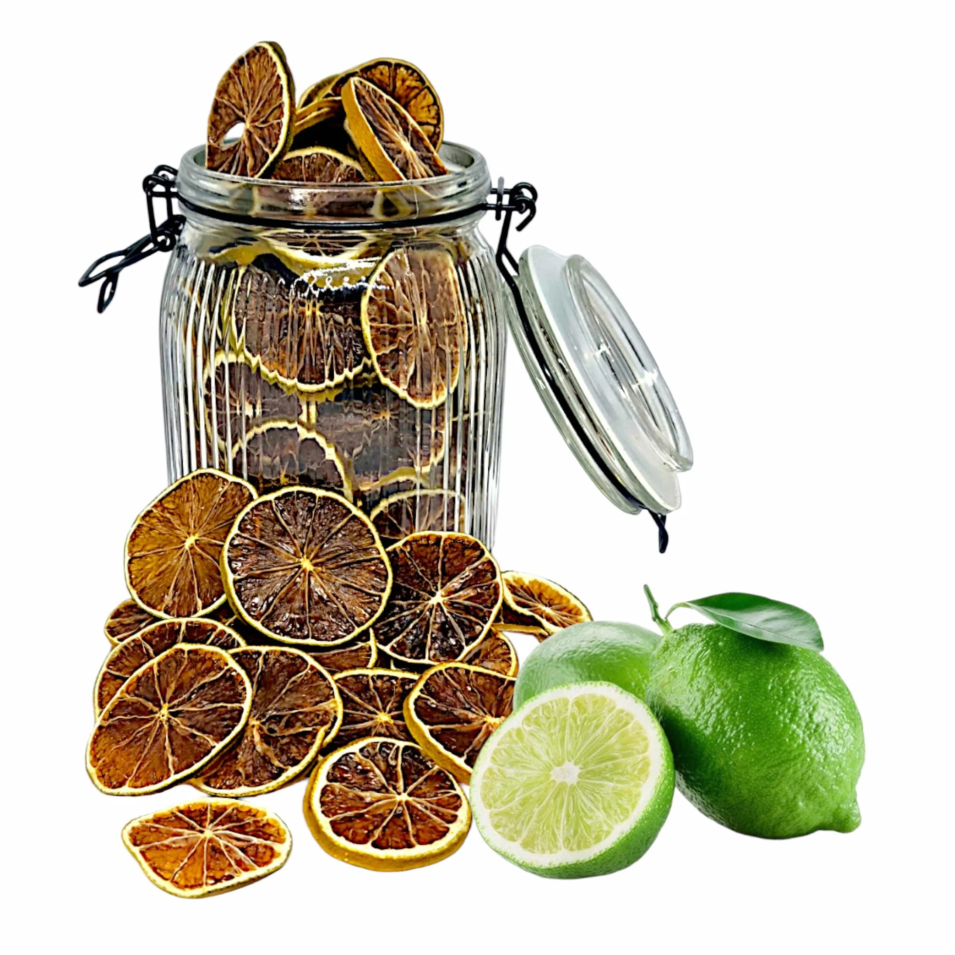 100g - Décoration pour Cocktail, Pâtisserie ou Intérieur - Citron Vert Déshydraté/Séché - Comestible - Bocal à Fermeture Mécanique - Citron Déshydraté - Citron Séché - Citrons Verts - Décoration