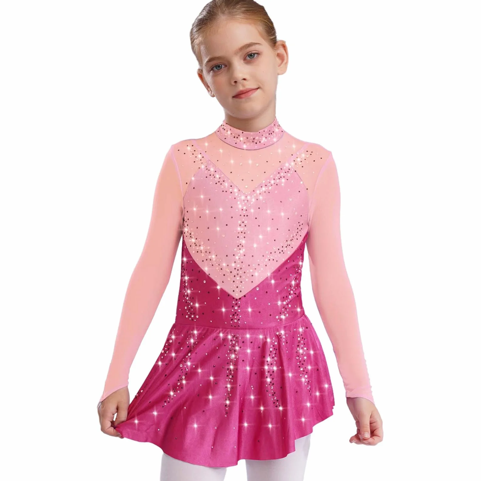 Robe Patinage Artistique Manches Longues Strass Justaucorps Gymnastique Enfant Fille 5-16 Ans