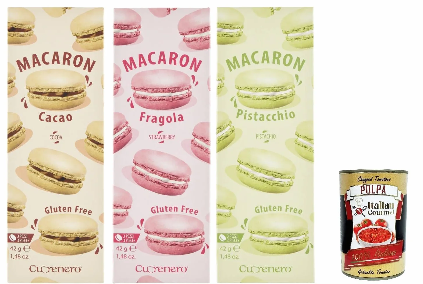 Italian Gourmet Macarons Sans Gluten Assortis 3 x 42 g, Cacao Fraise Pistache, 3 Étuis de 3 Pièces, Biscuits Fourrés Sans Gluten, Assortiment Gourmand de Macarons + Italian Gourmet Polpa